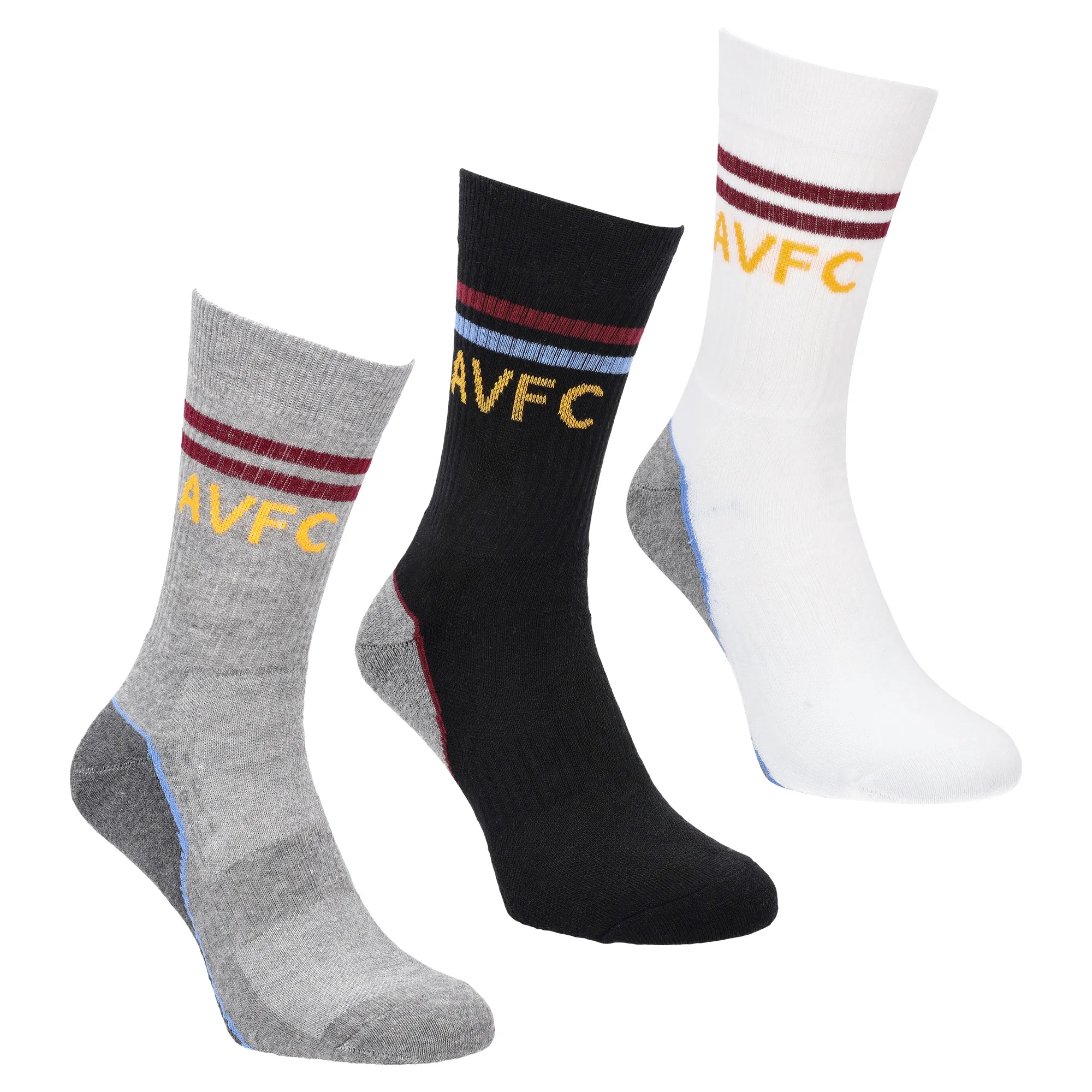 Aston Villa 3 Pack Sports Socks - White/Grey/Black - Adults