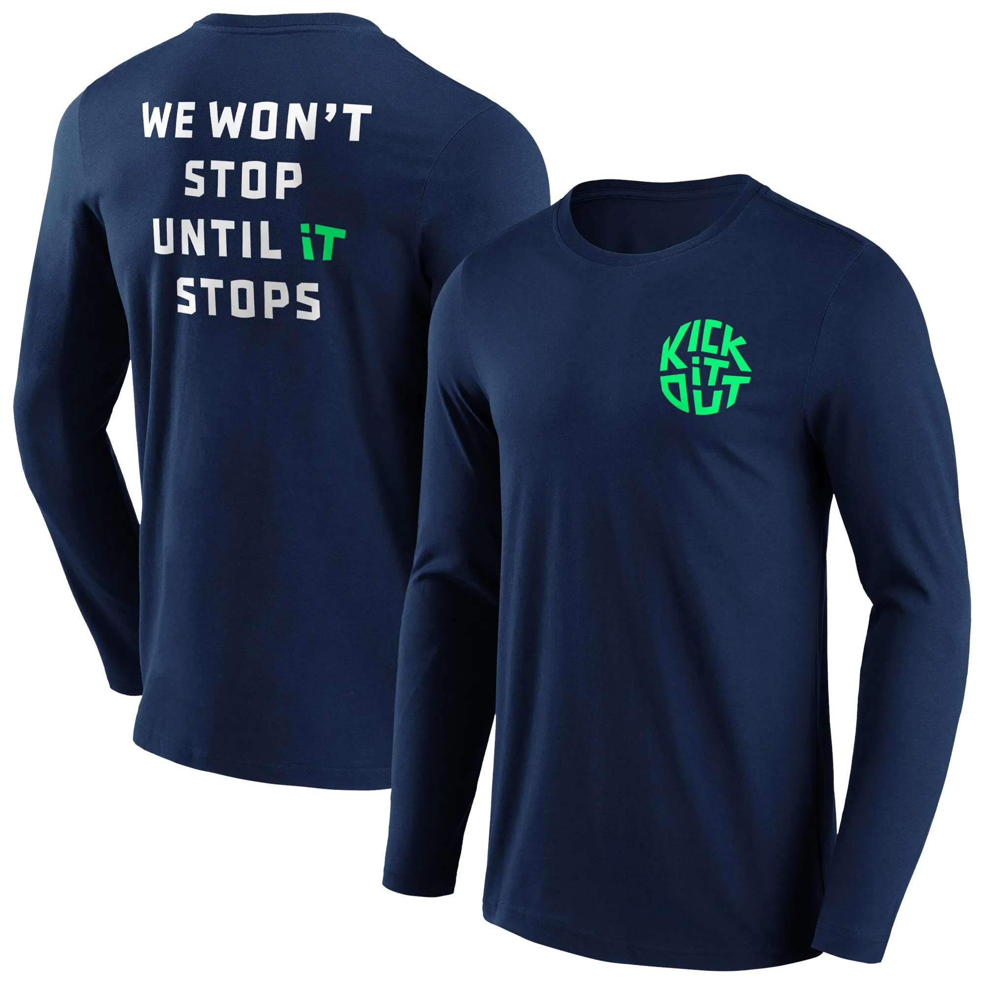 Kick It Out Slogan Graphic Long Sleeve T-Shirt - Navy/White/Spring Green - Mens