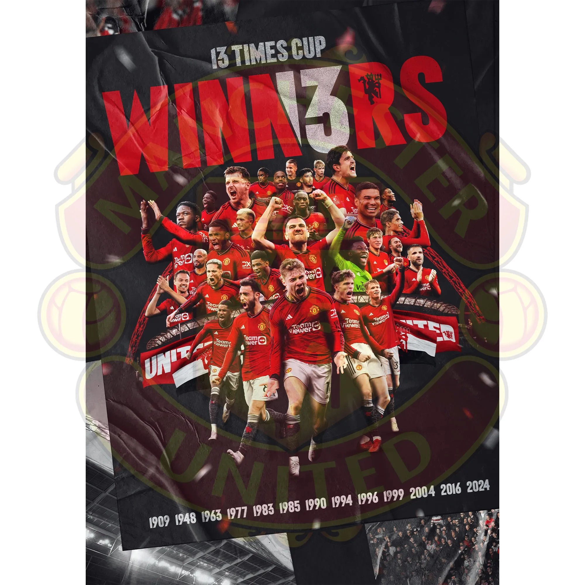 Manchester United 23-24 Men's 13 Times Cup Winners Poster - A2