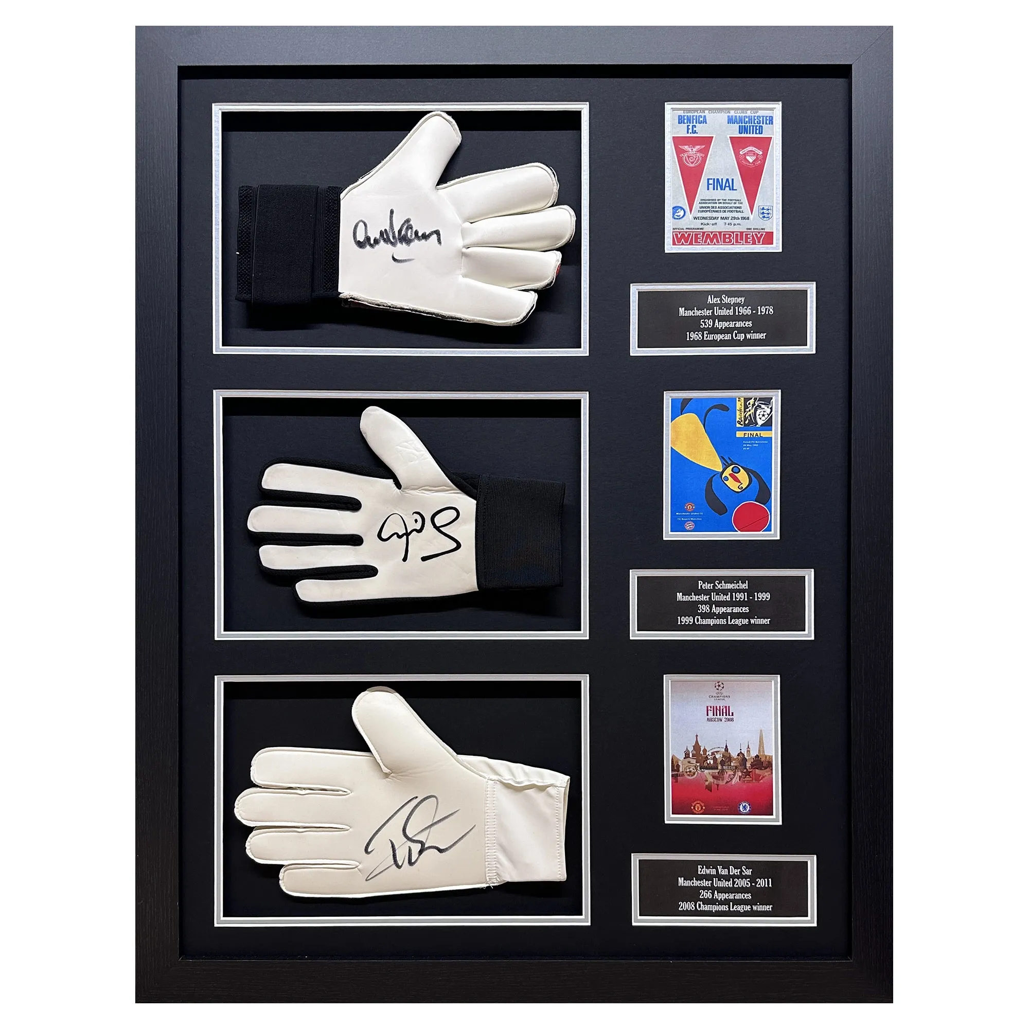Manchester United Champions League Winning Goalkeepers Peter Schmeichel, Alex Stepney & Edwin Van Der Sar Triple Signed Glove Display