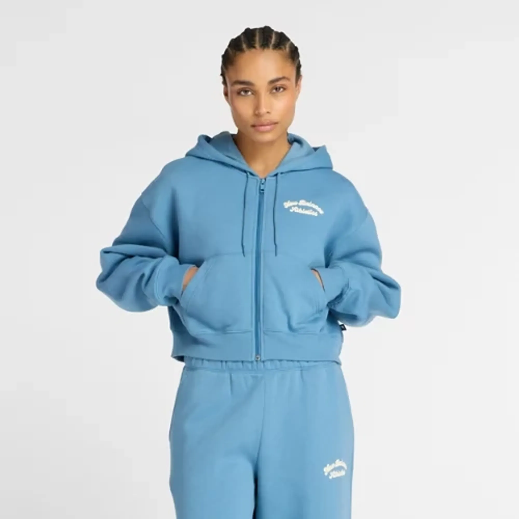 New Balance Women's Linear Heritage Fleece Full Zip in Blue Cotton Fleece