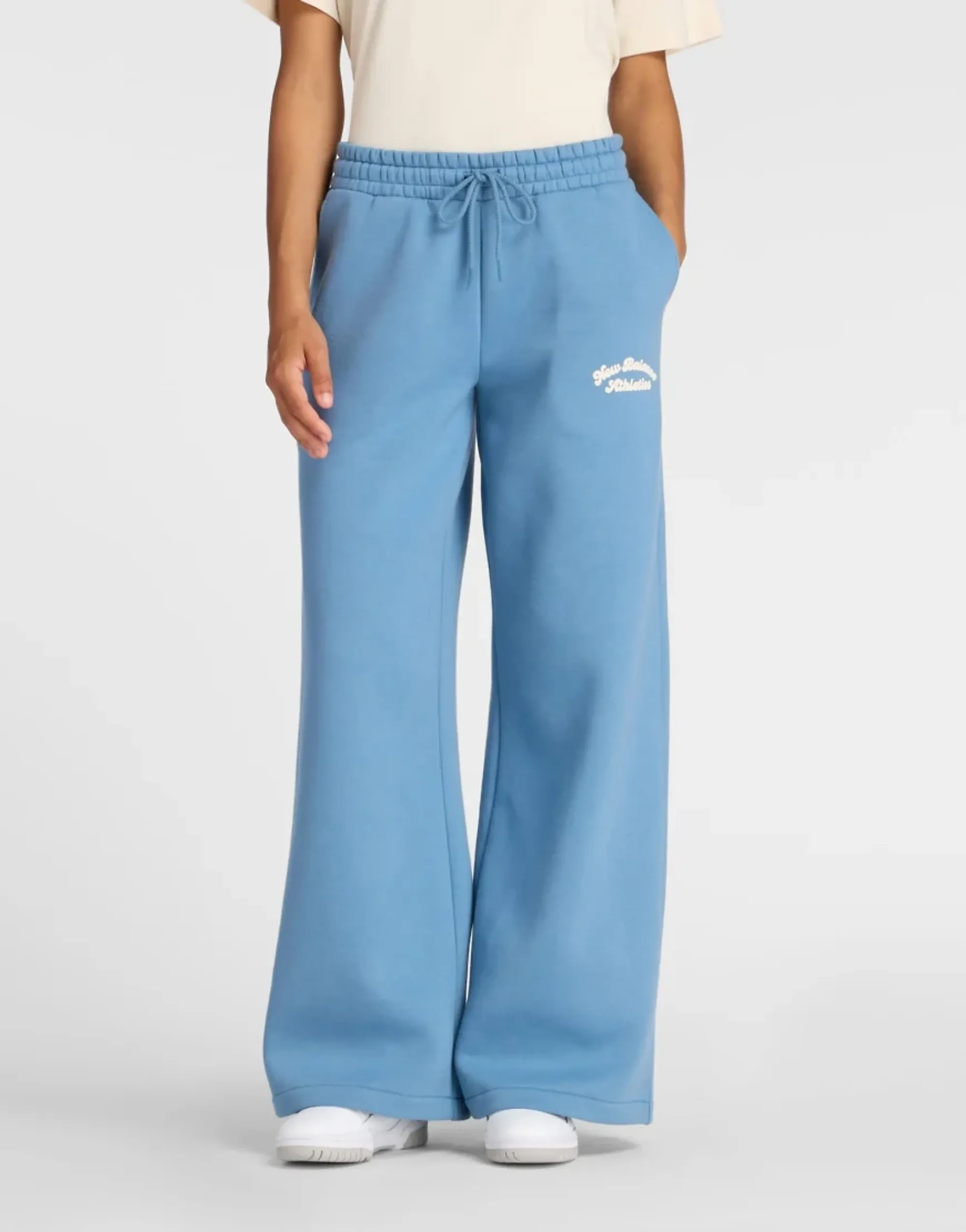 New Balance Women's Linear Heritage Fleece Wide Leg Pant in Blue Cotton Fleece