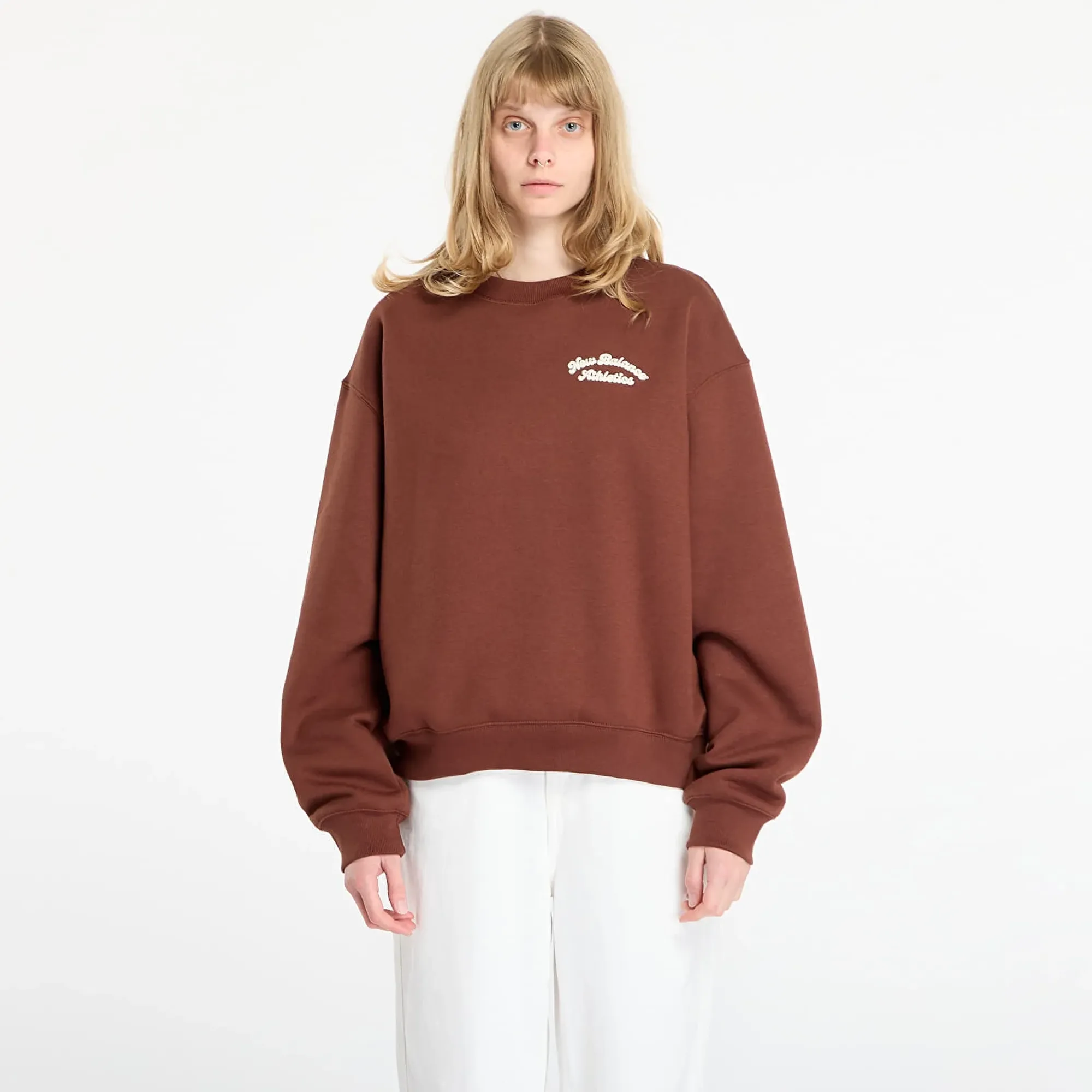 New Balance Women's Linear Heritage Fleece Crew in Brown Cotton Fleece