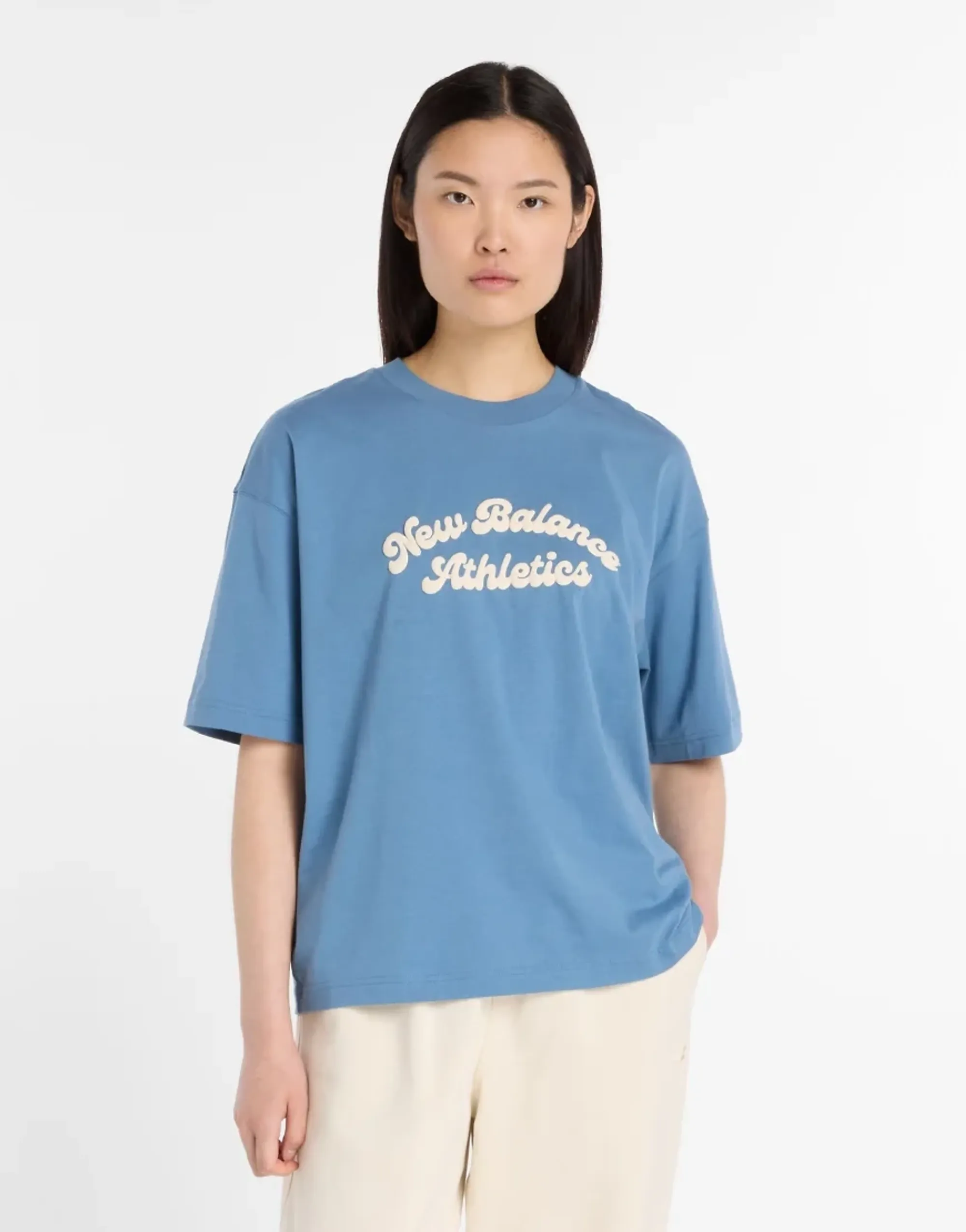 New Balance Women's Linear Heritage Oversized T-Shirt in Blue Cotton Jersey