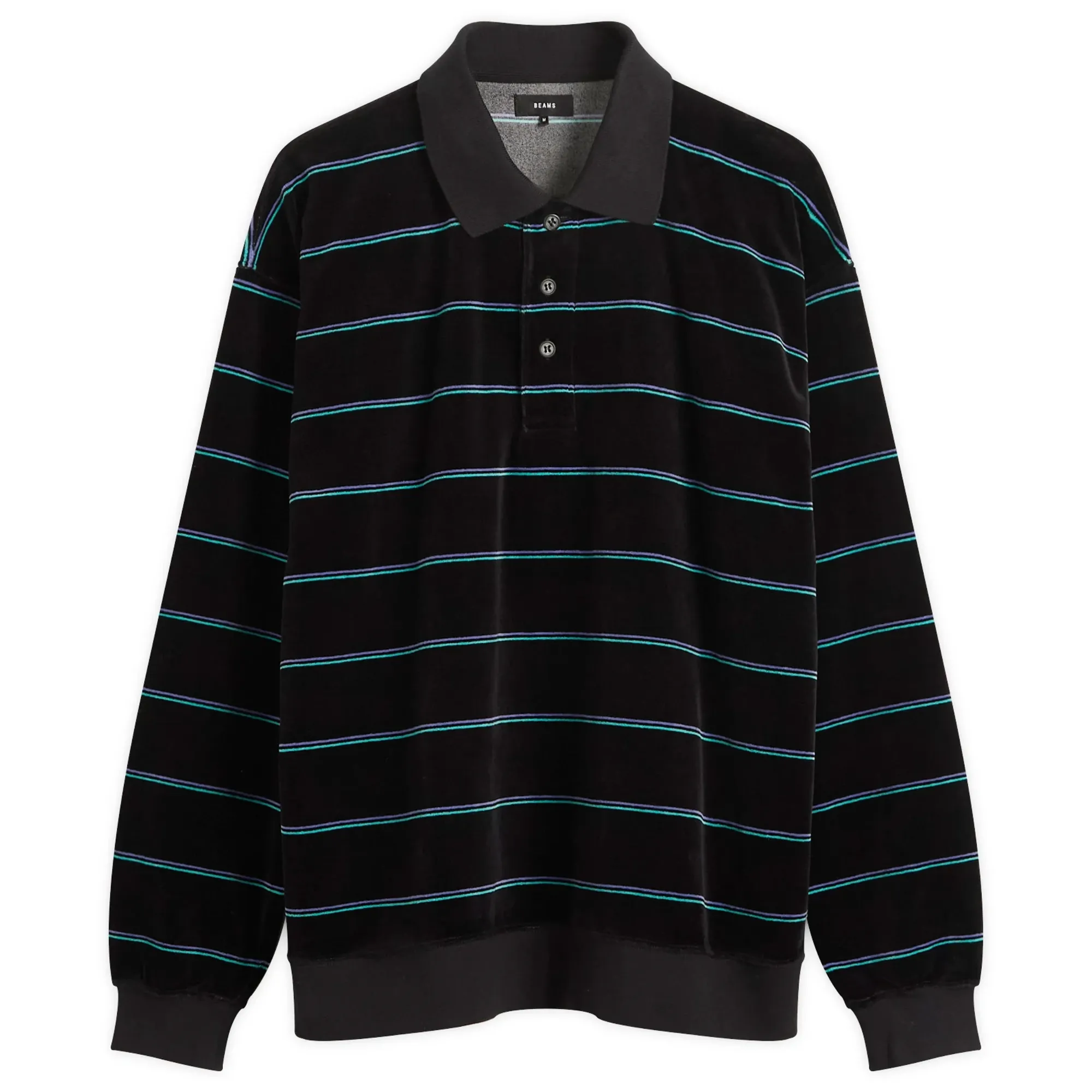 BEAMS Men's Velour Border Stripe Polo Black