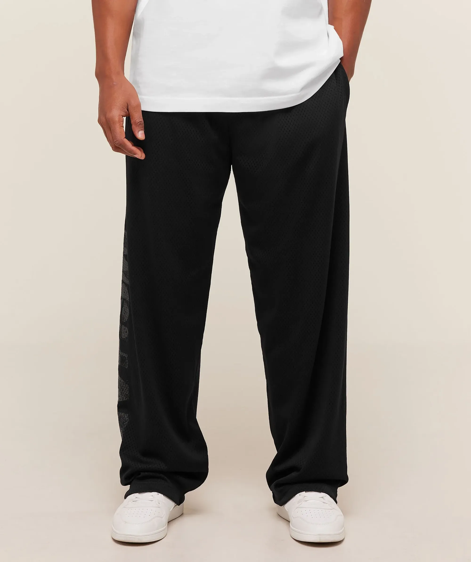  Graphic Wordmark Mesh Wide Leg Pants - Black