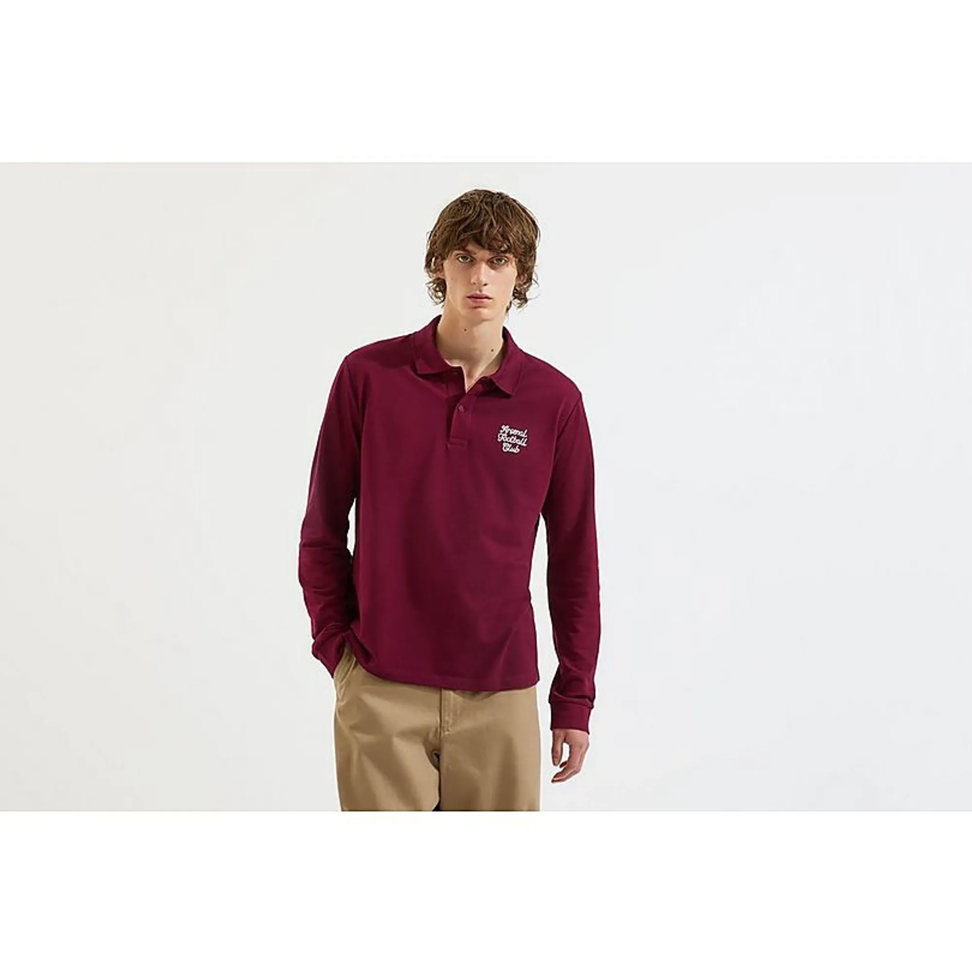 Arsenal Essentials Burgundy Split Long Sleeved Polo Shirt, Red