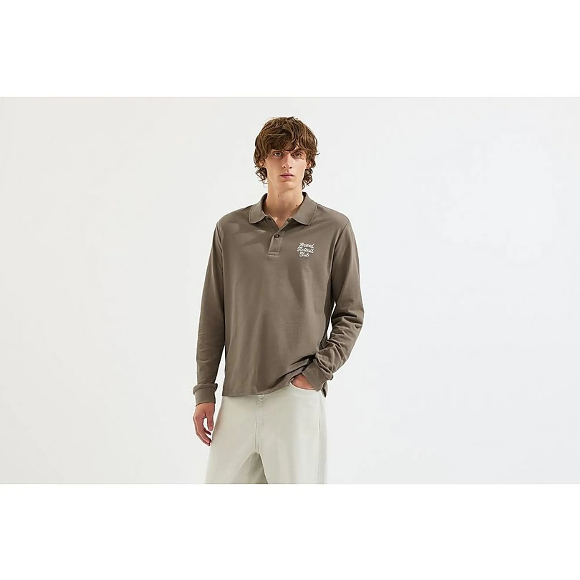 Arsenal Essentials Brown Split Long Sleeved Polo Shirt, Brown