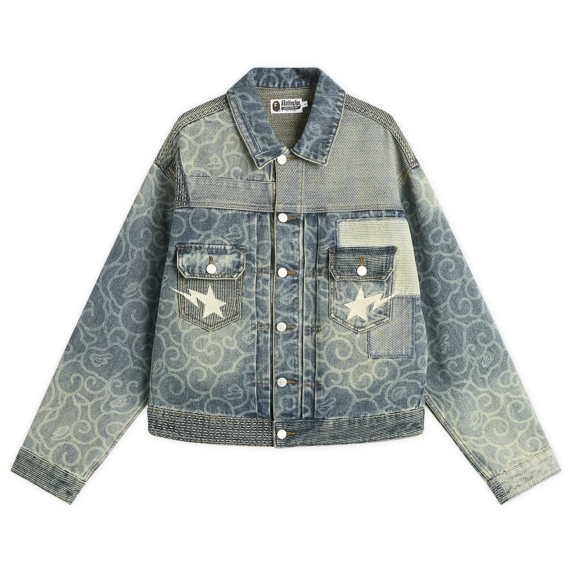 A Bathing Ape Men's Cloud Camo Upcycled Denim Trucker Jacket Navy