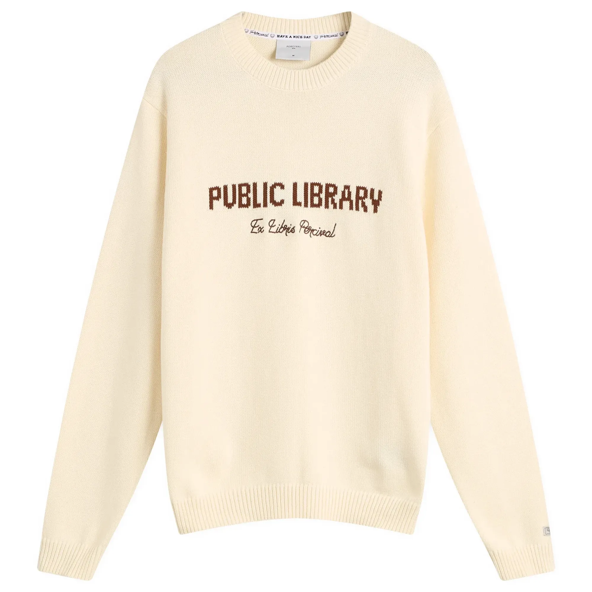 Percival Men's Public Library Knitted Crew Jumper Ecru