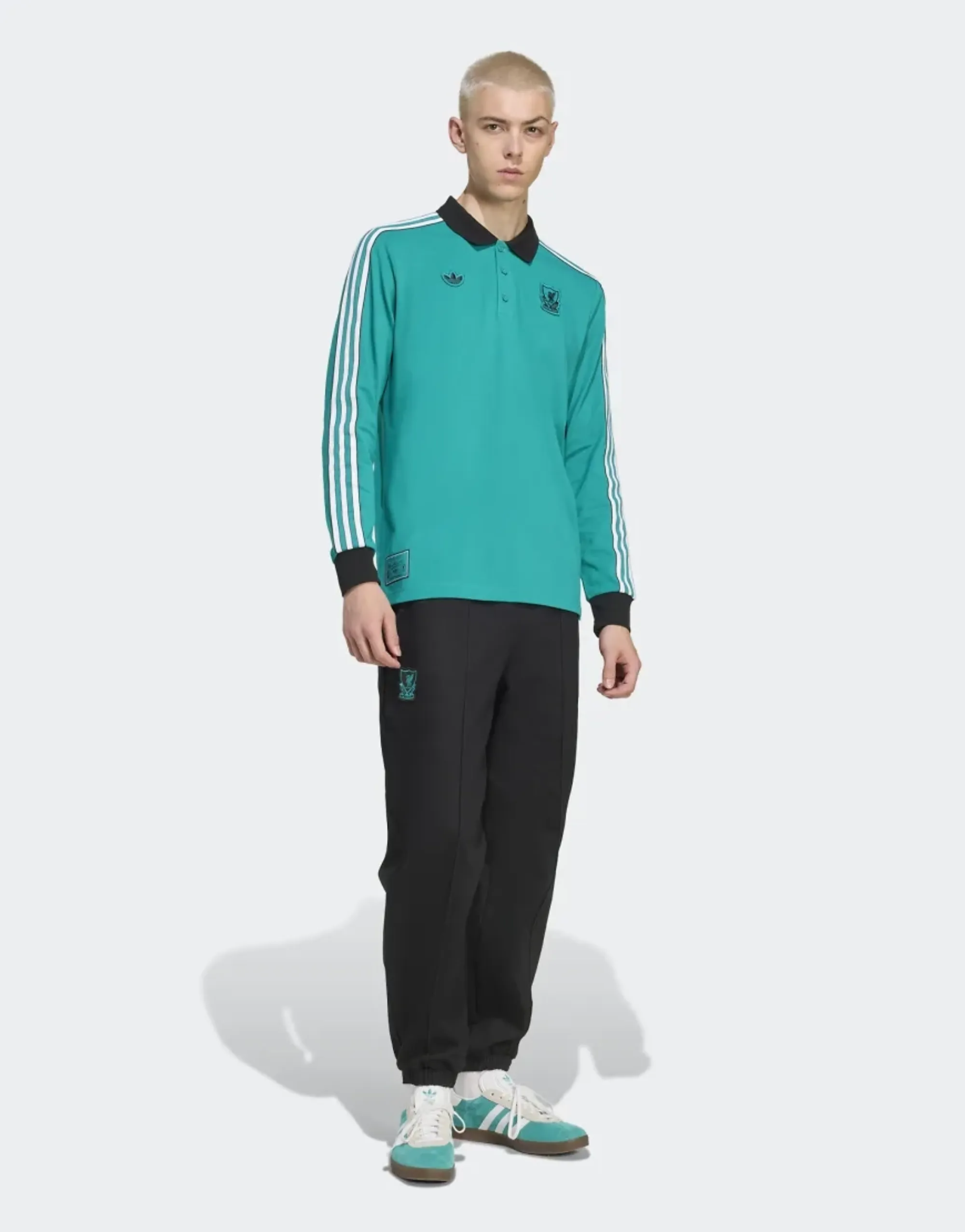 Adidas Originals Liverpool Fc Terrace Icons Long Sleeve Polo Shirt In Sea Green
