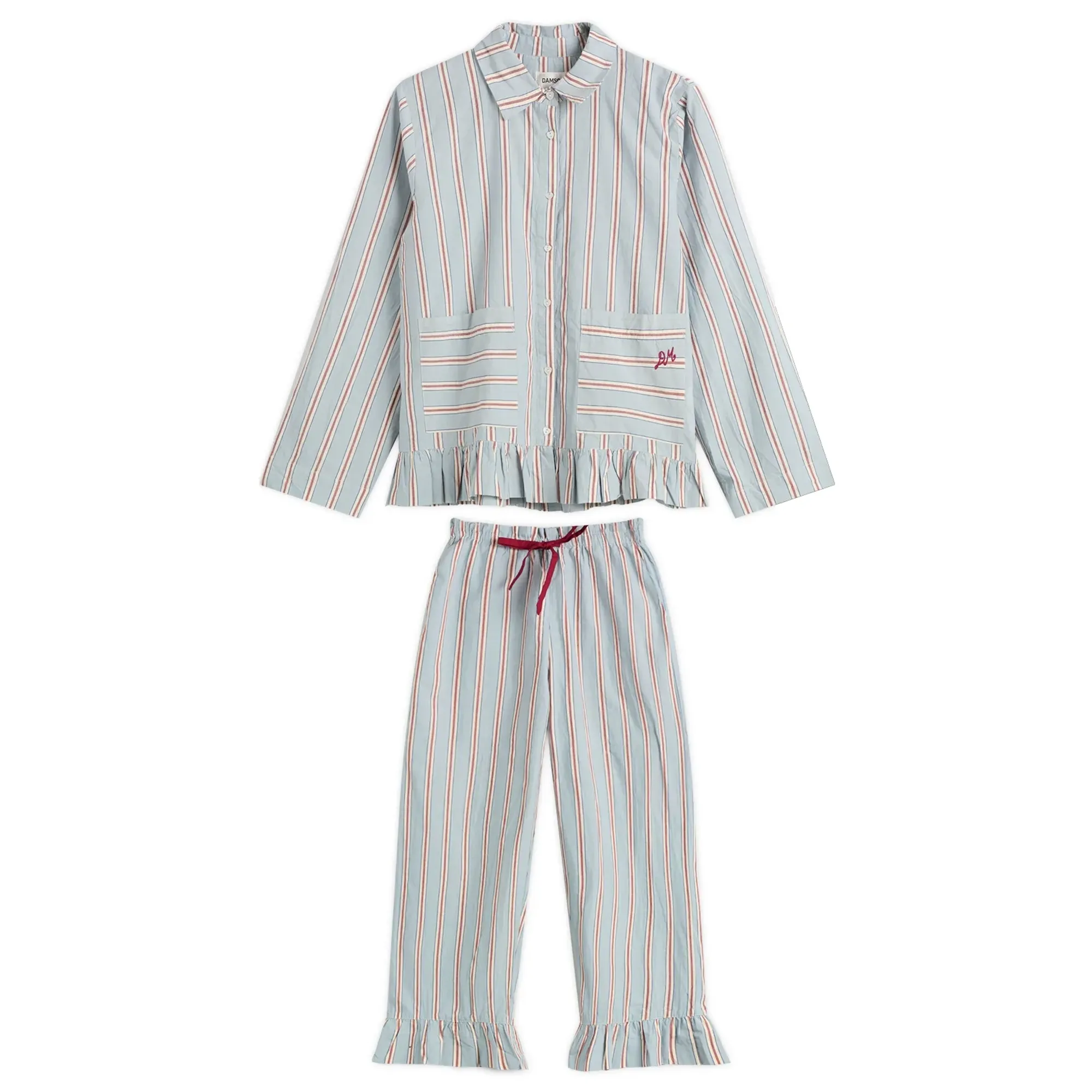 Damson Madder Women's Frill Florie PJ Set Blue/Burgundy Stripe