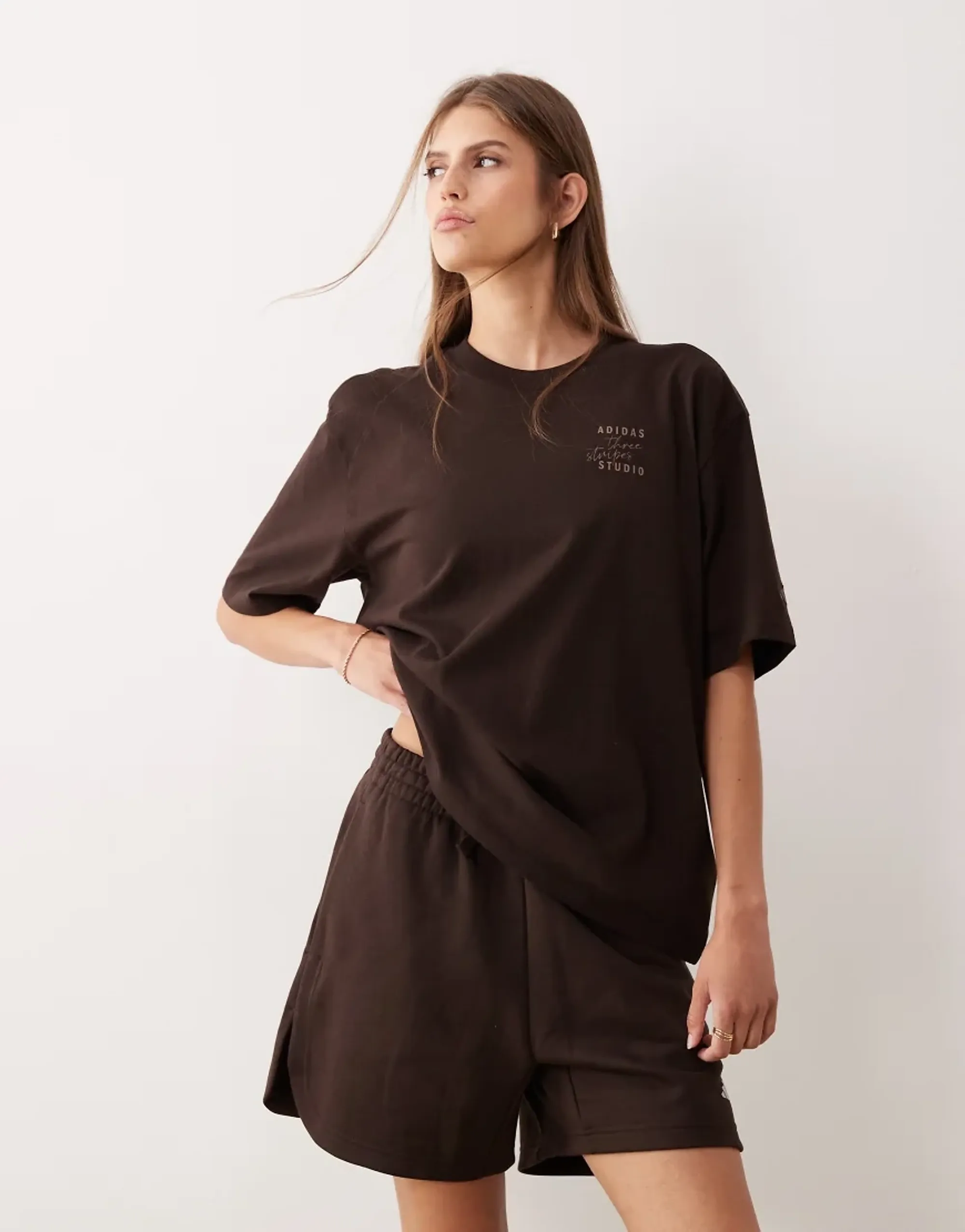 Adidas Performance Three Stripes Studios T-Shirt In Brown