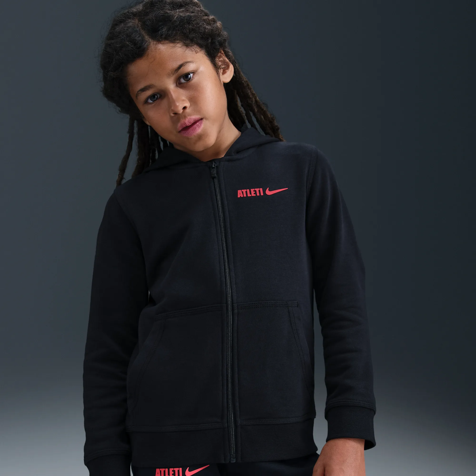 Atlético Madrid Club Older Kids' (Boys') Nike Football Full-Zip Hoodie - Black - Cotton/Polyester