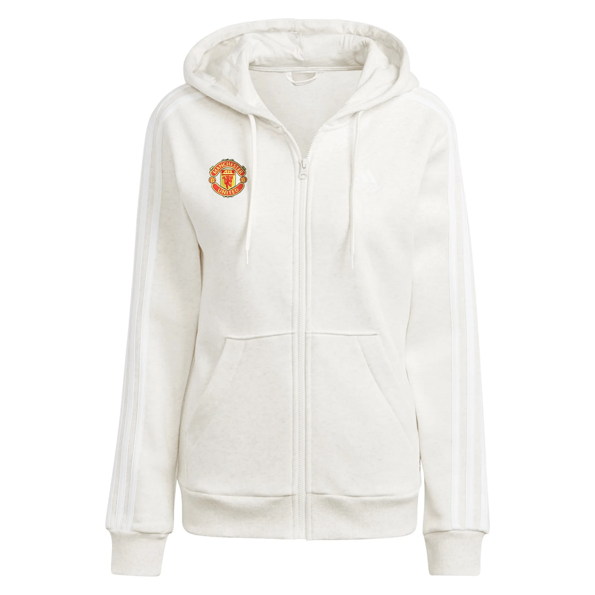 Manchester United adidas Essentials 3-Stripes Full-Zip Fleece Hoodie - Off White - Womens