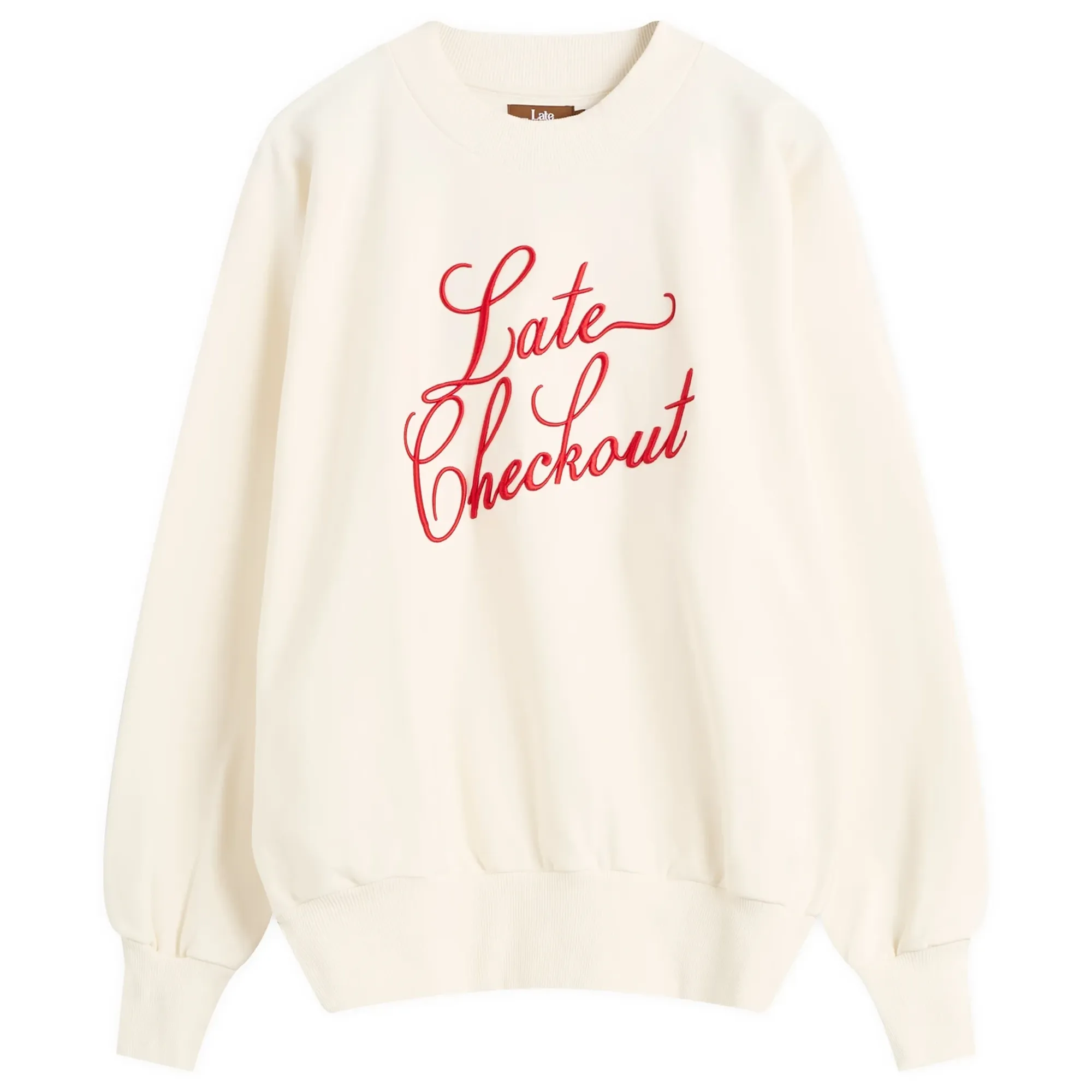 Late Checkout Men's White/Red Script Crewneck Sweatshirt
