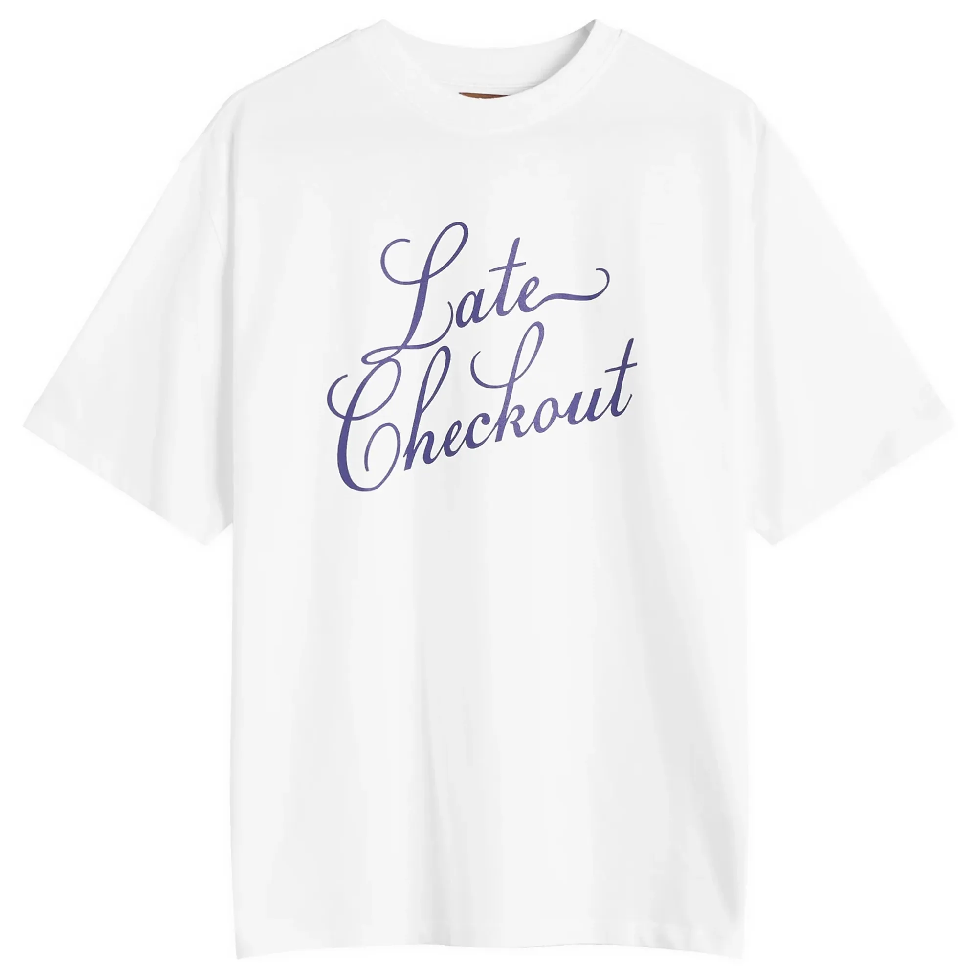 Late Checkout Men's White Blue Script Tee
