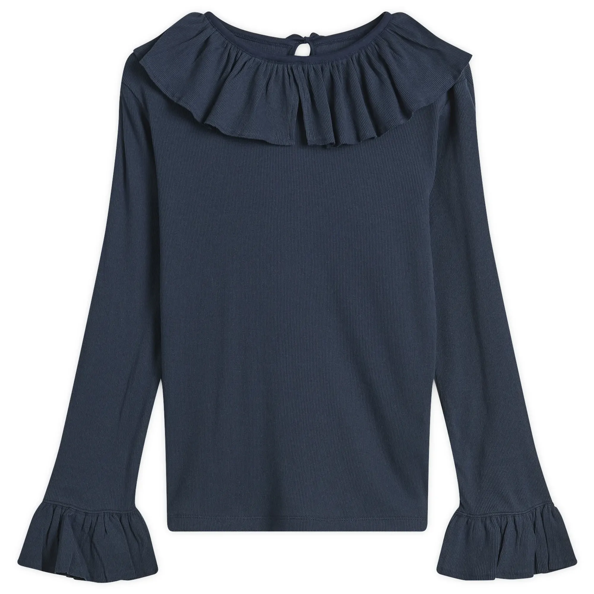 Beams Boy Women's Rib Knitted Ruffle Gathered Long Sleeve T-Shirt Navy