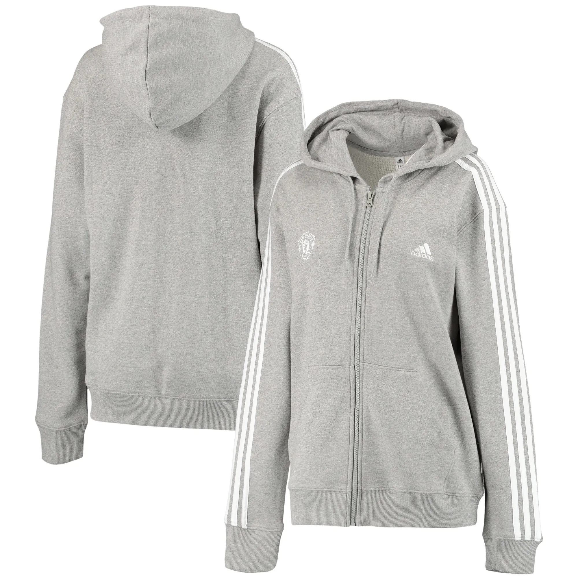 Manchester United adidas Essentials 3-Stripes French Terry Regular Full-Zip Hoodie - Medium Grey Heather/White - Womens