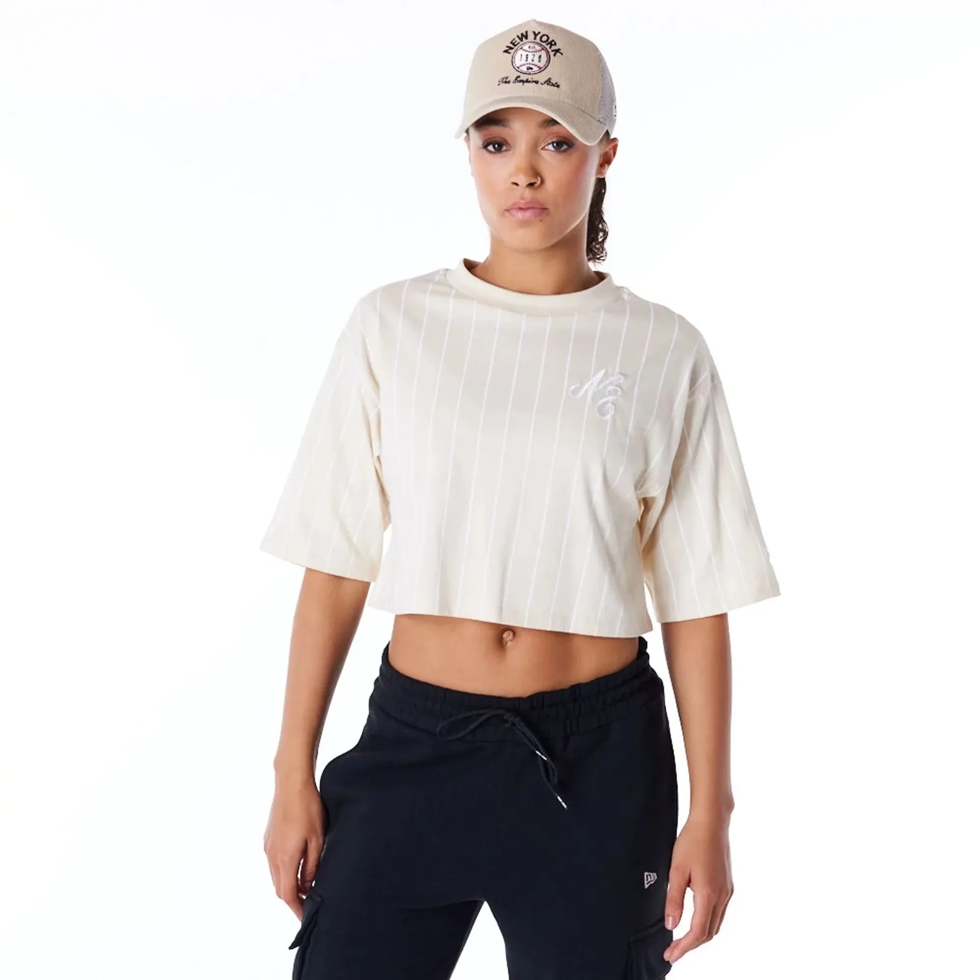 New Era Womens Pinstripe Light Beige Crop T-Shirt adult female