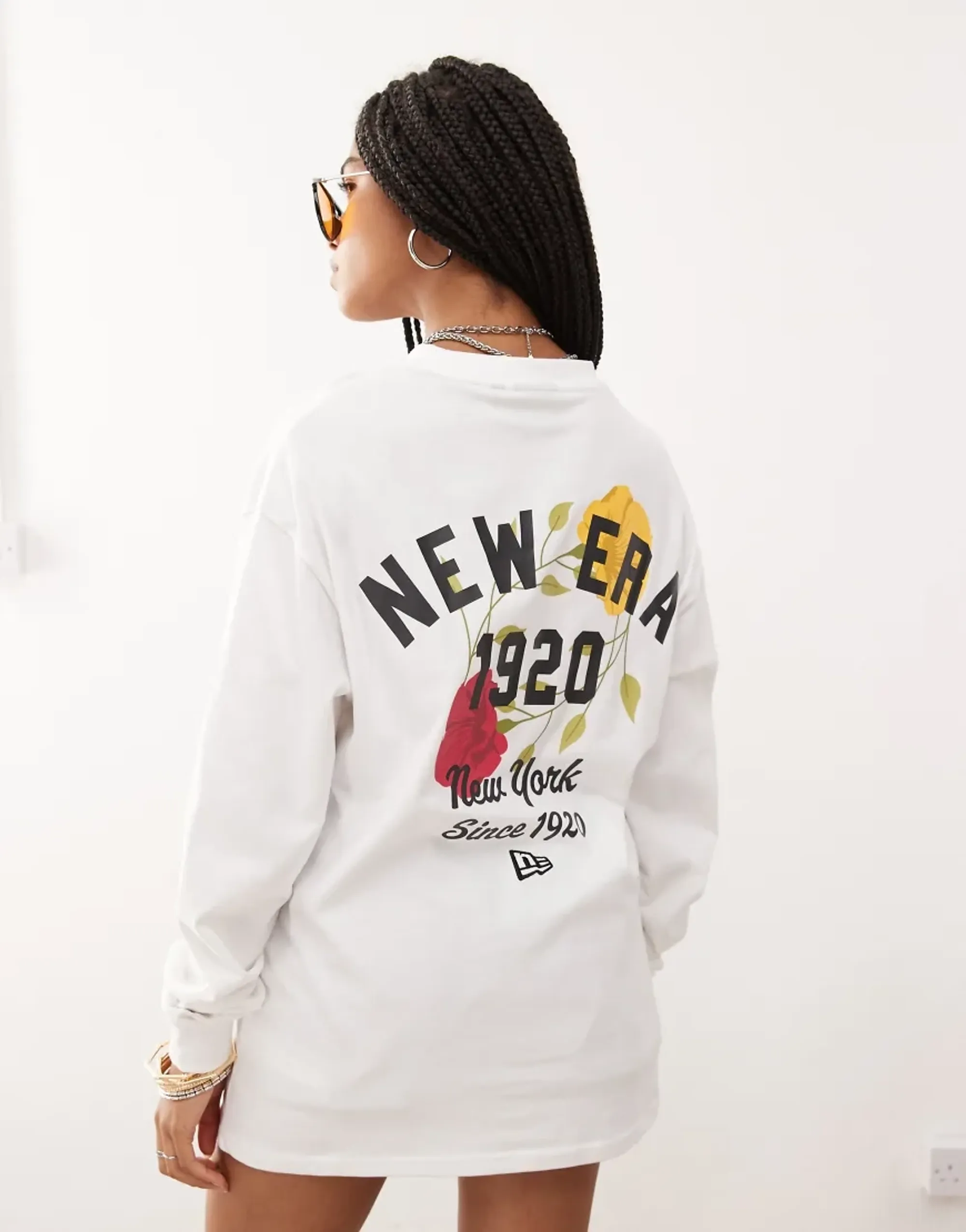 New Era Cap New Era Long Sleeve Top With Floral Motif Back In White