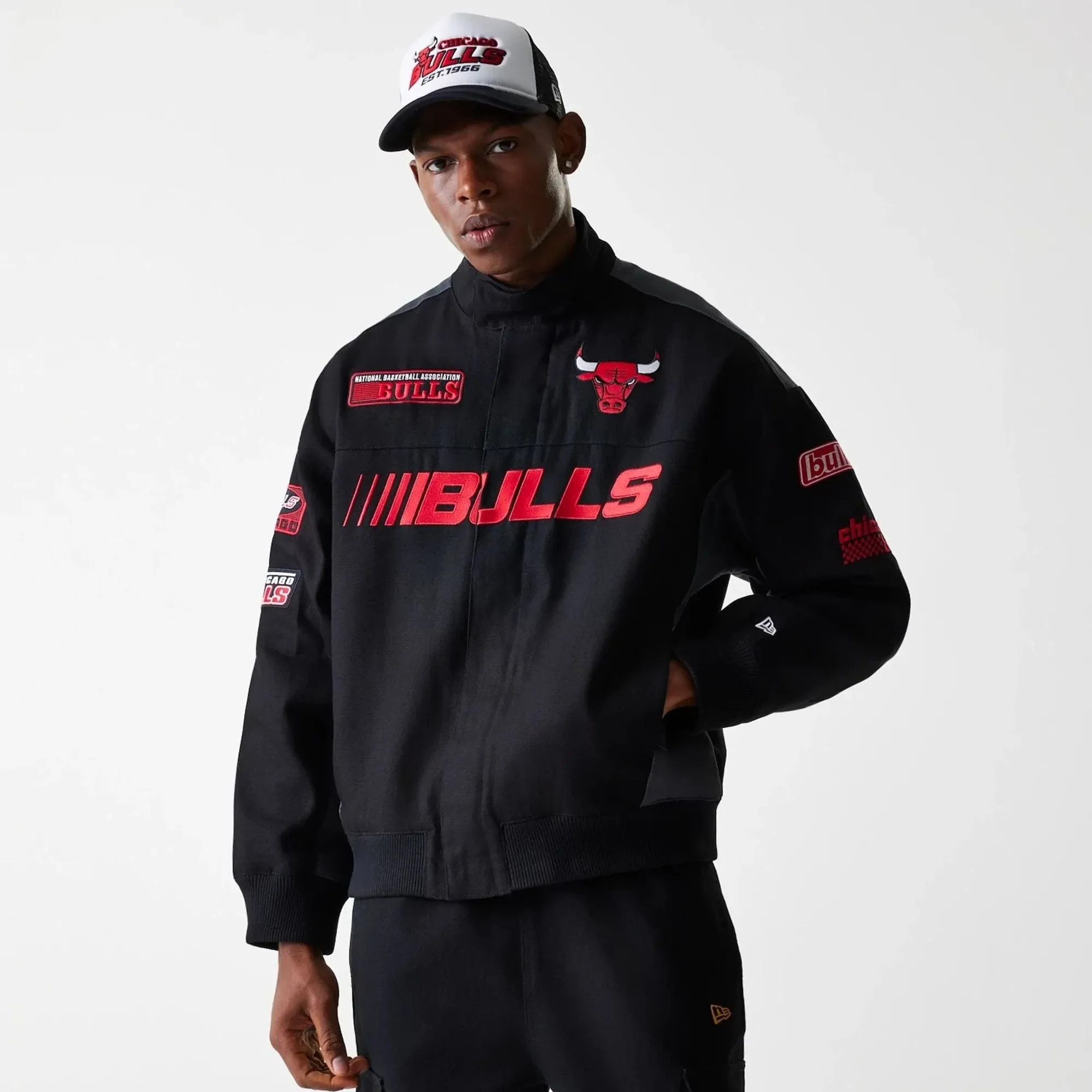 Chicago Bulls NBA Black Motorsports Jacket New Era Cap adult unisex