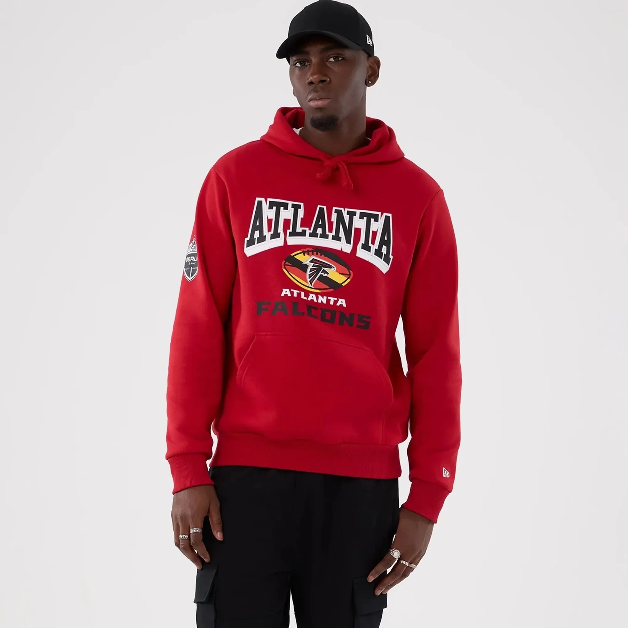Atlanta Falcons NFL International Series Games 2025 Red Pullover Hoodie New Era Cap adult unisex