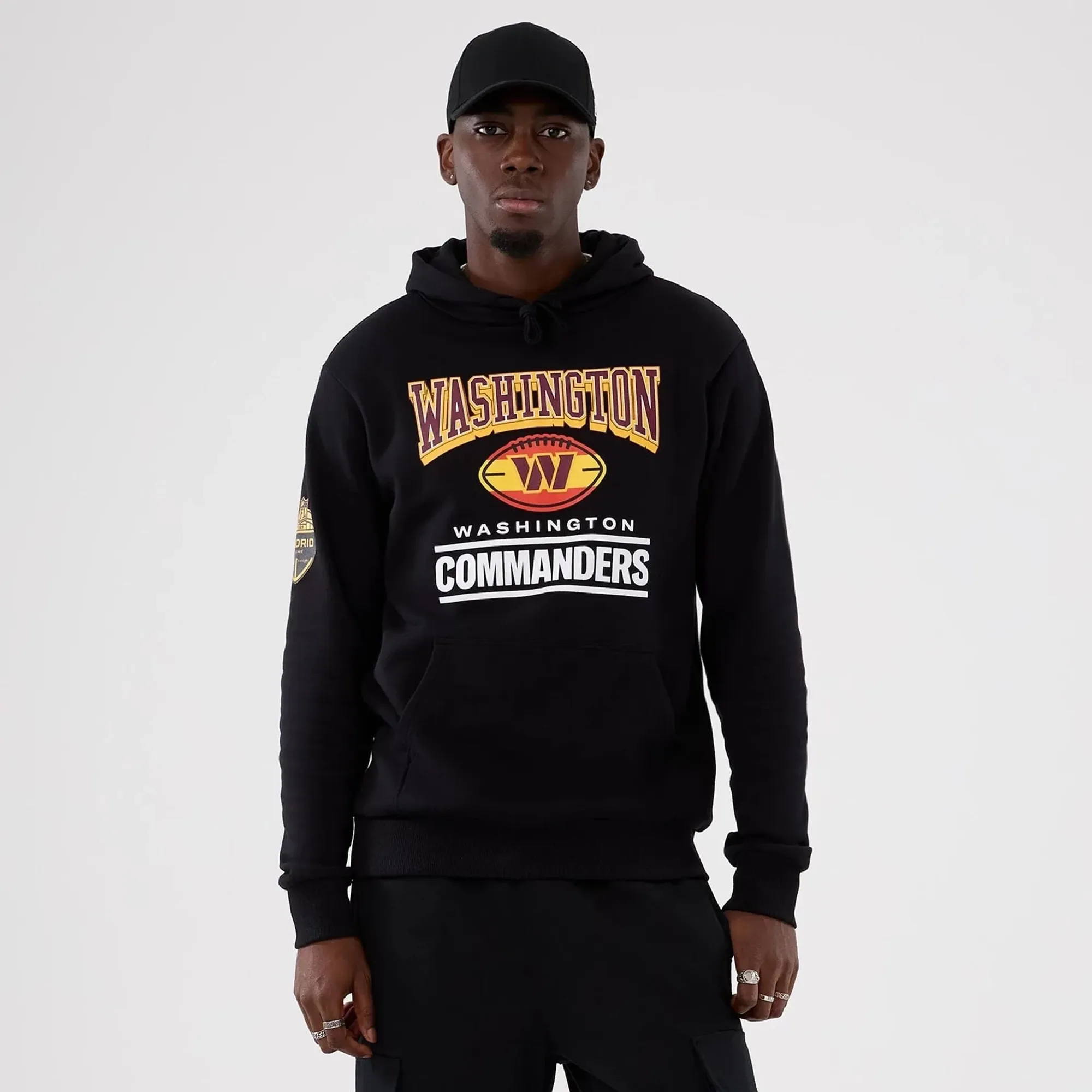 Washington Commanders NFL International Series Games 2025 Black Pullover Hoodie New Era Cap adult unisex
