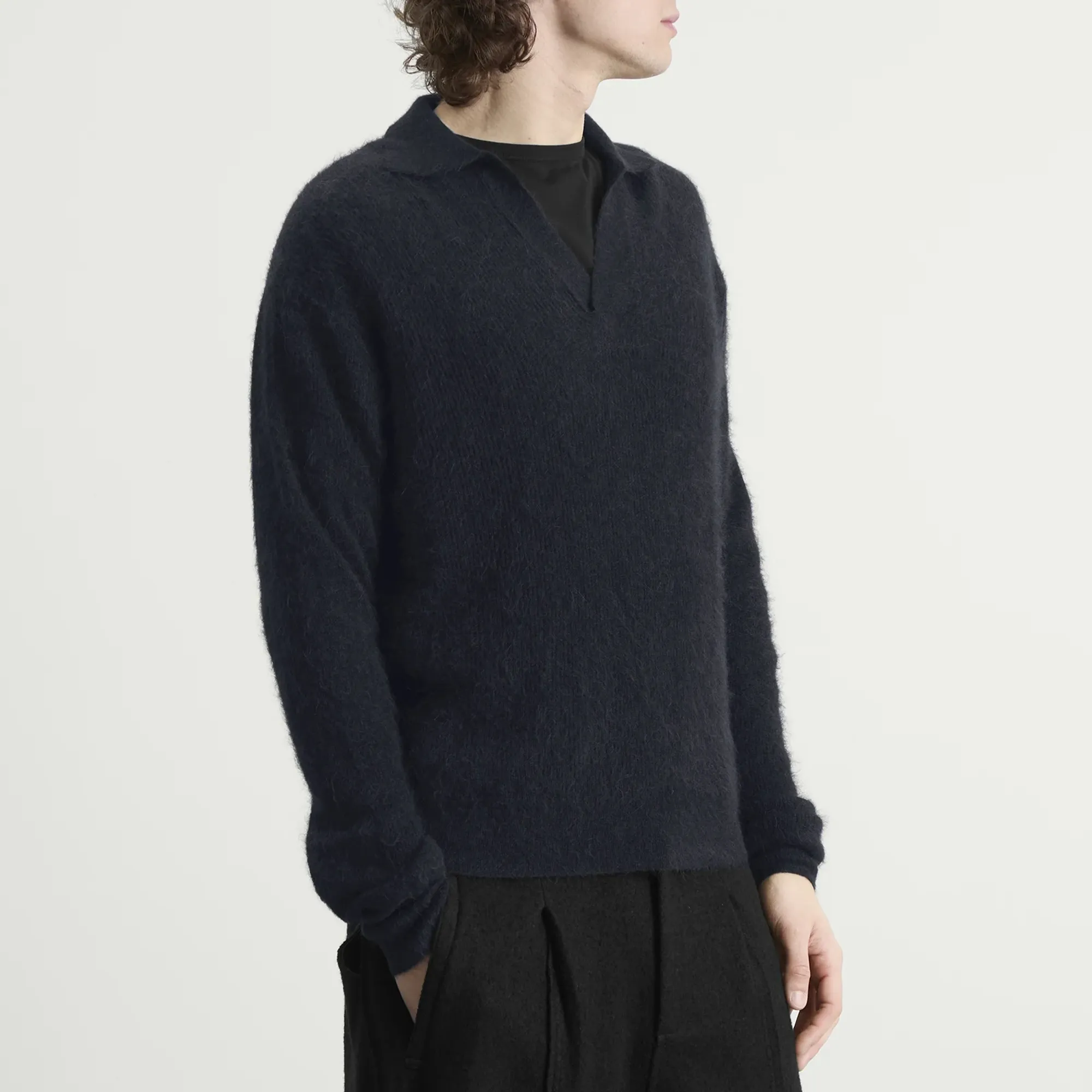 Auralee Men's Baby Suri Alpaca Sheer Knit Skipper Polo Navy
