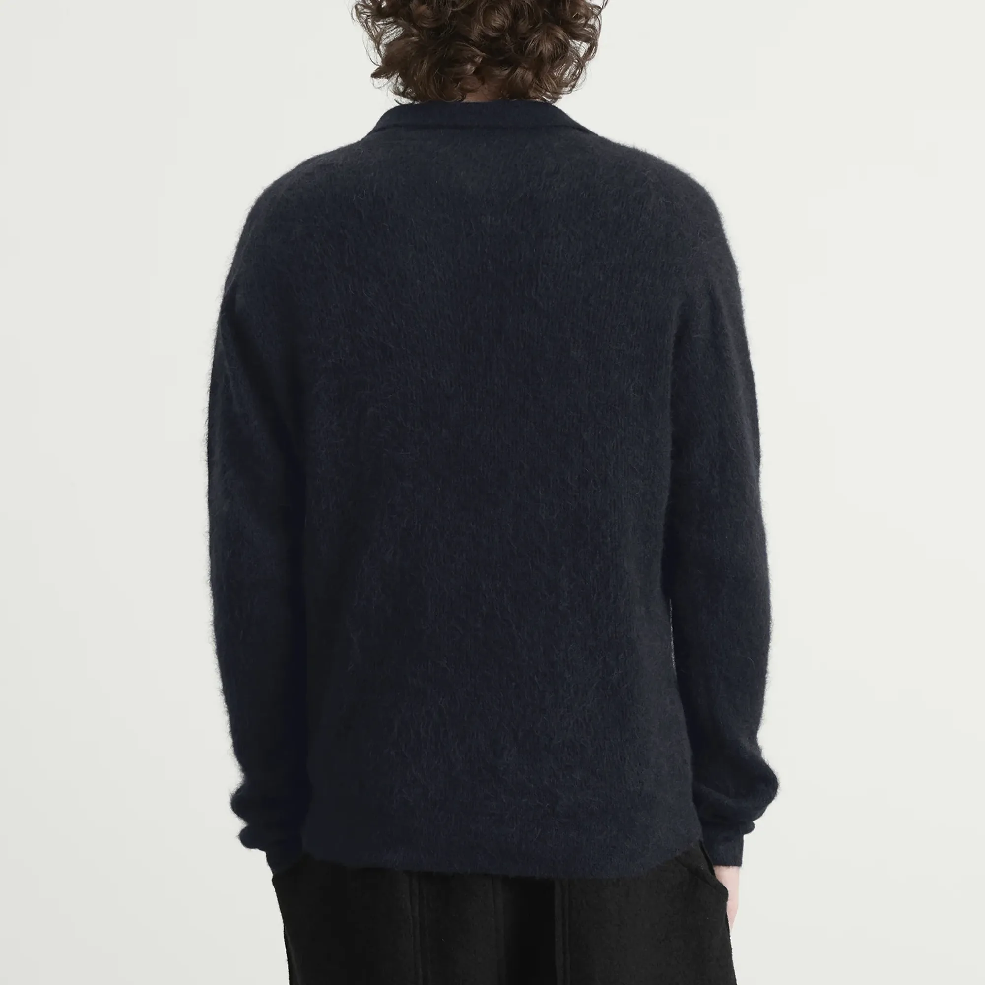 Auralee Men's Baby Suri Alpaca Sheer Knit Skipper Polo Navy