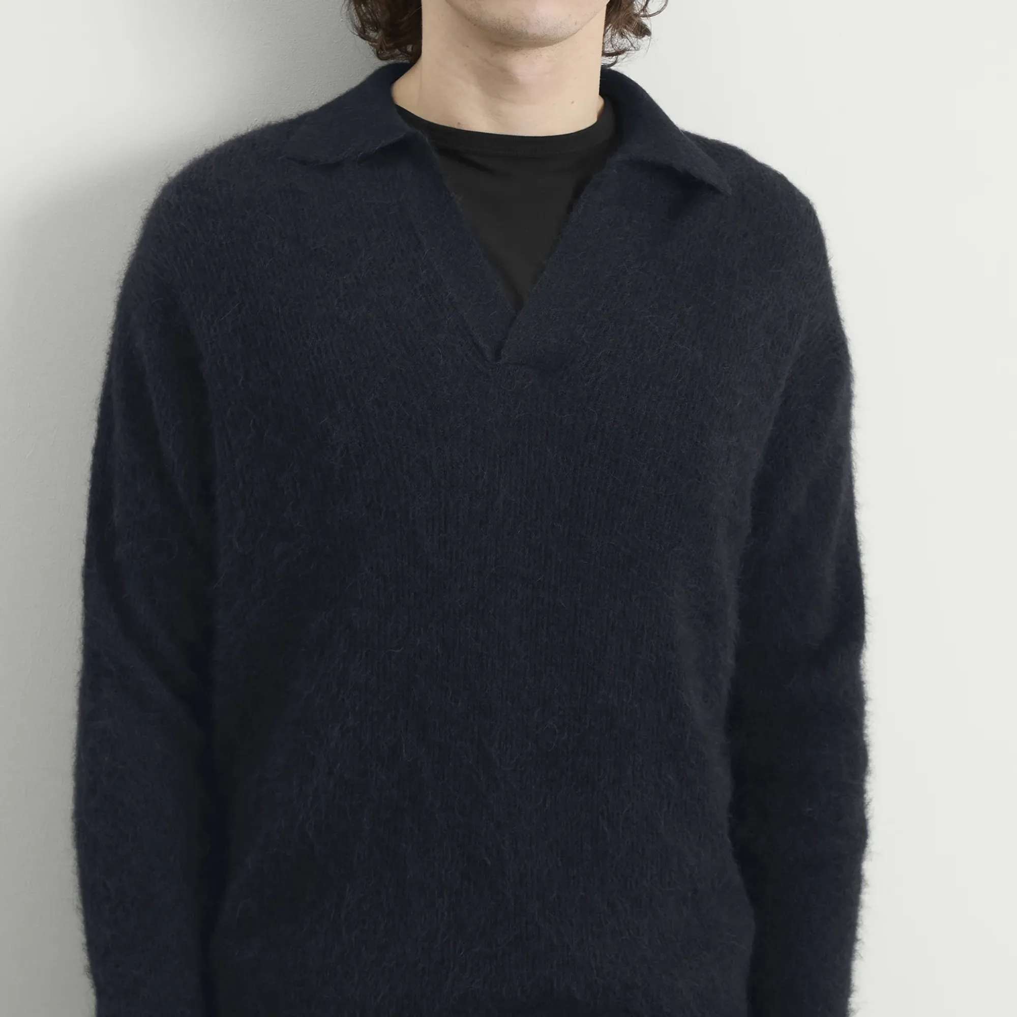 Auralee Men's Baby Suri Alpaca Sheer Knit Skipper Polo Navy