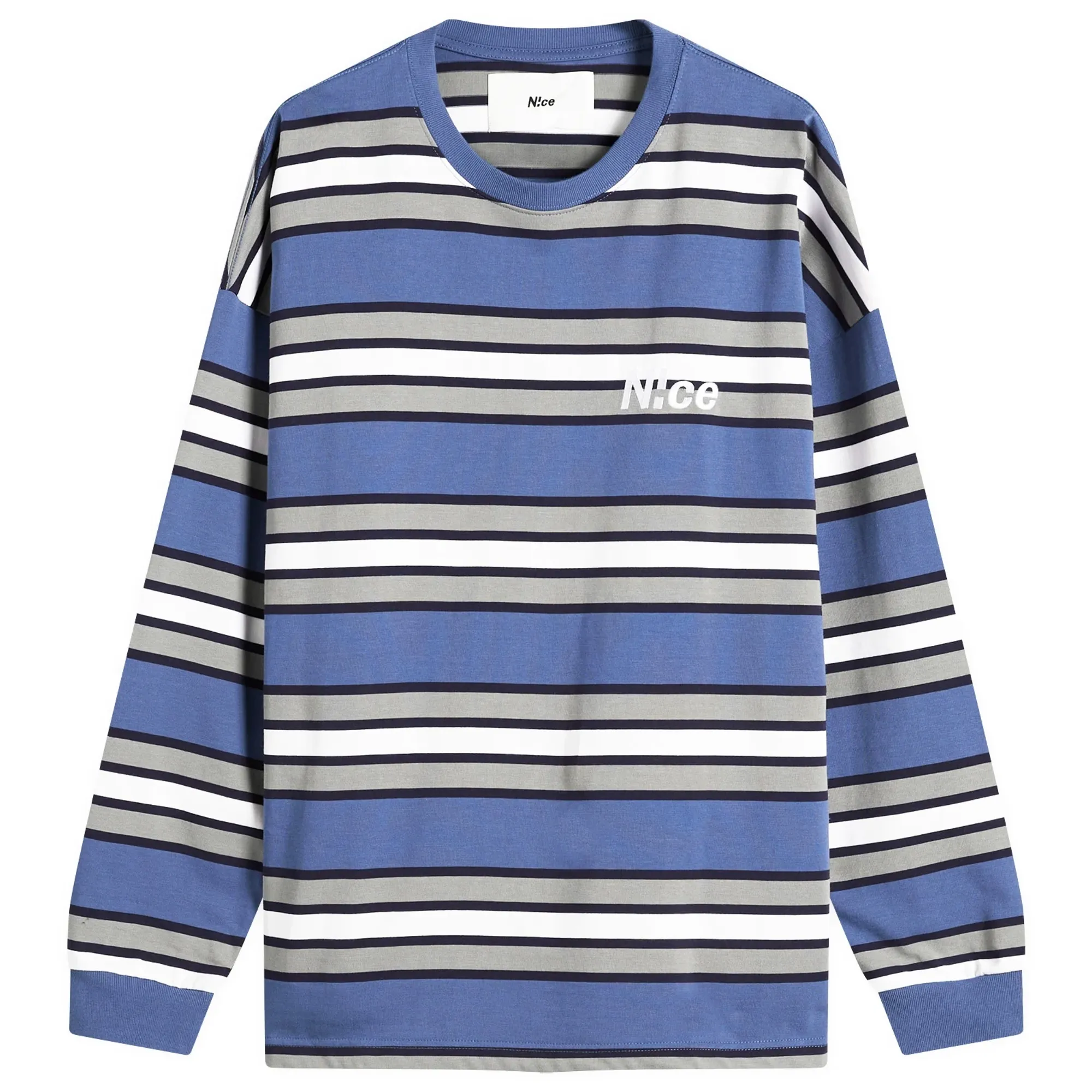 N!CE Men's Border Stripe Long Sleeve T-Shirt Blue