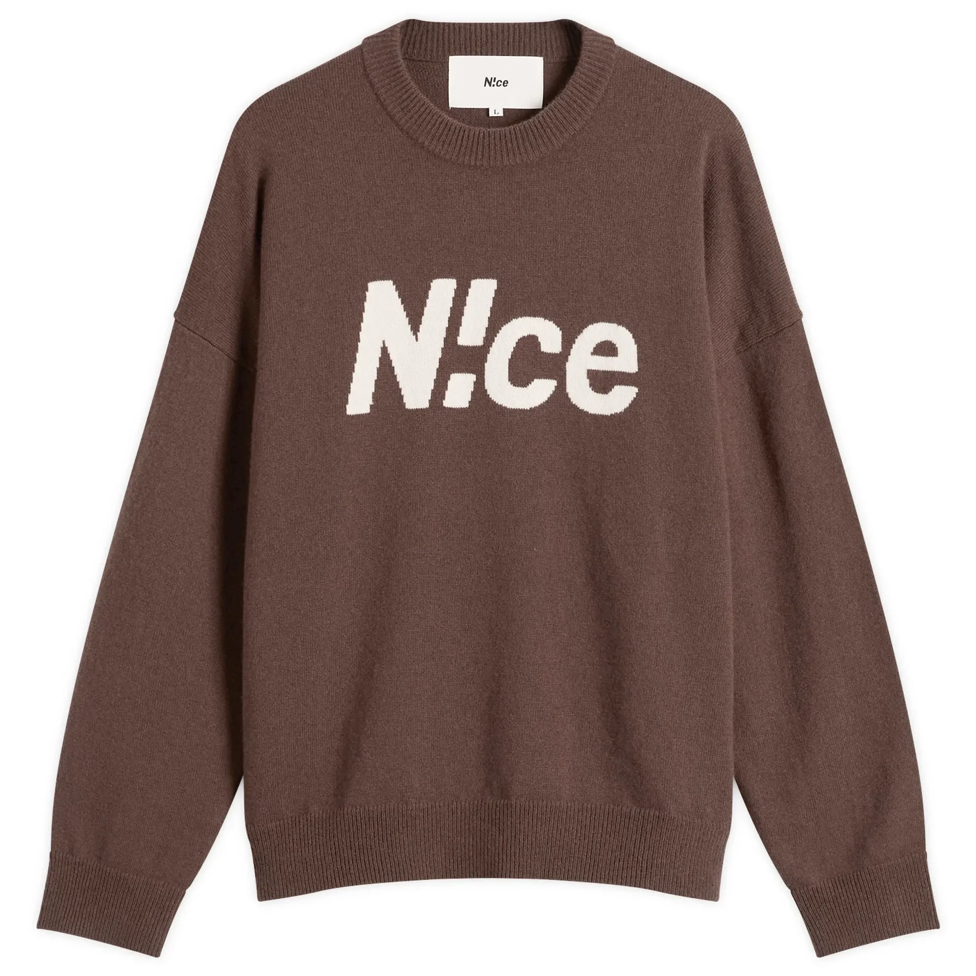 N!CE Men's Intarsia Logo Knit Sweater Brown
