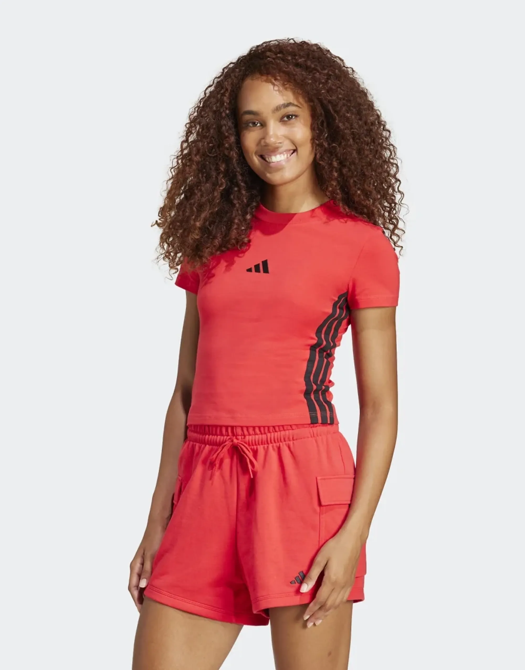 Manchester United x adidas Womens Essentials 3-Stripes Baby Tee Red