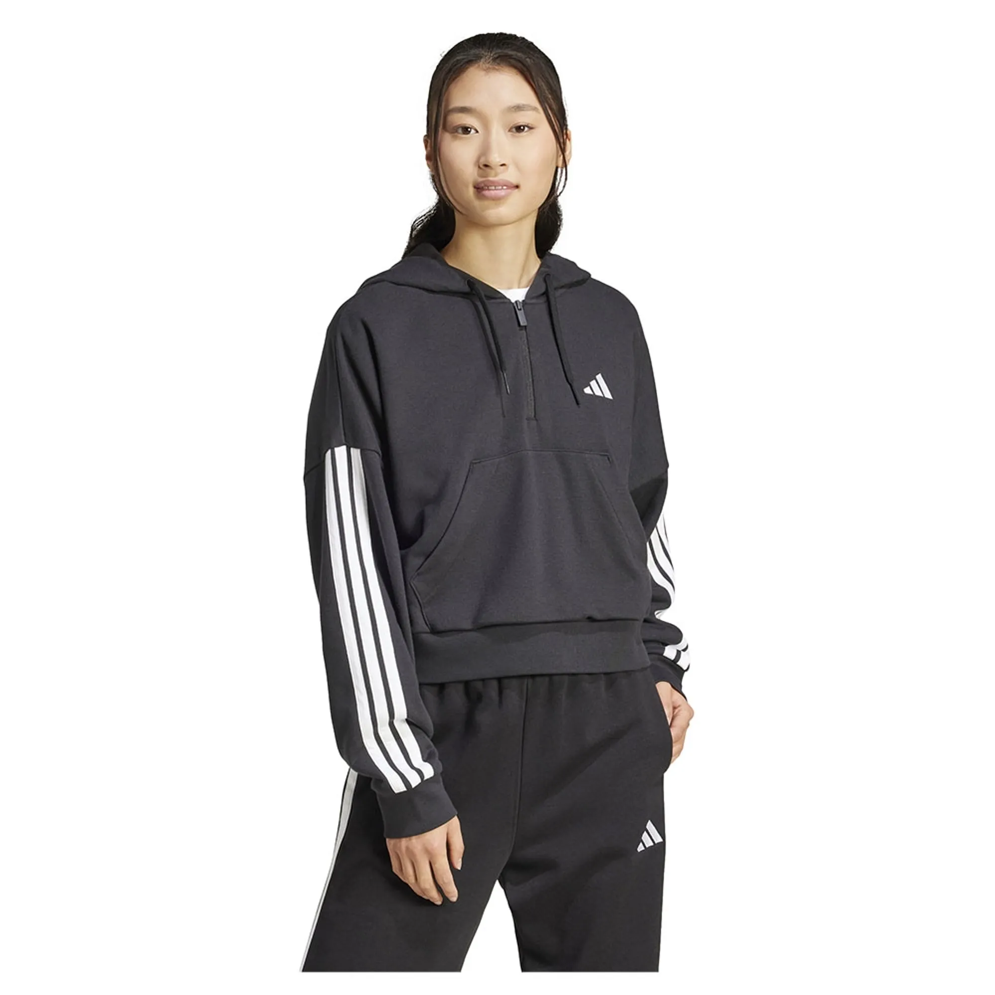 Manchester United x adidas Womens Essentials 3-Stripes 1/4-Zip Hoodie Black