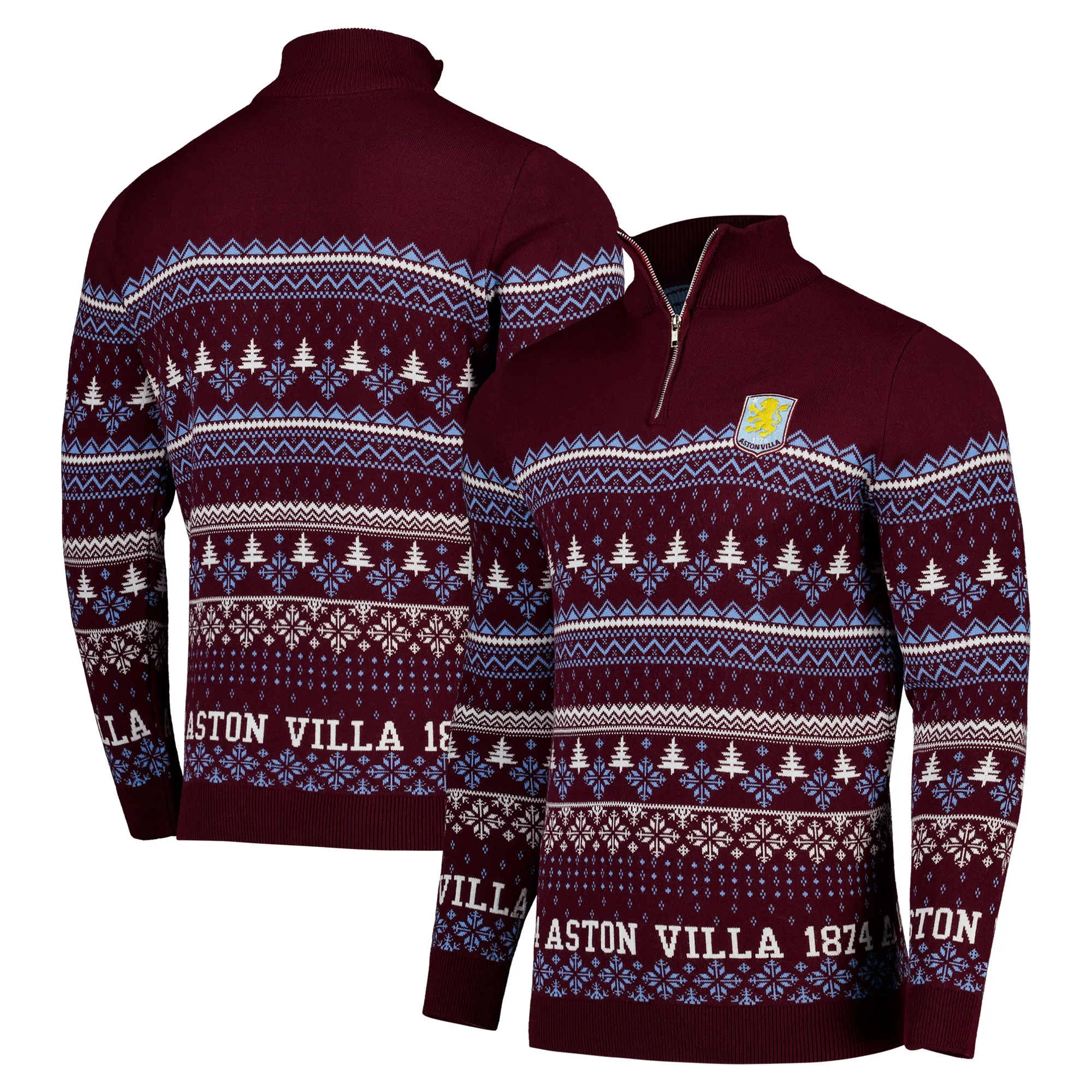 Aston Villa Fairisle 1/4 Zip Christmas Jumper - Claret - Unisex