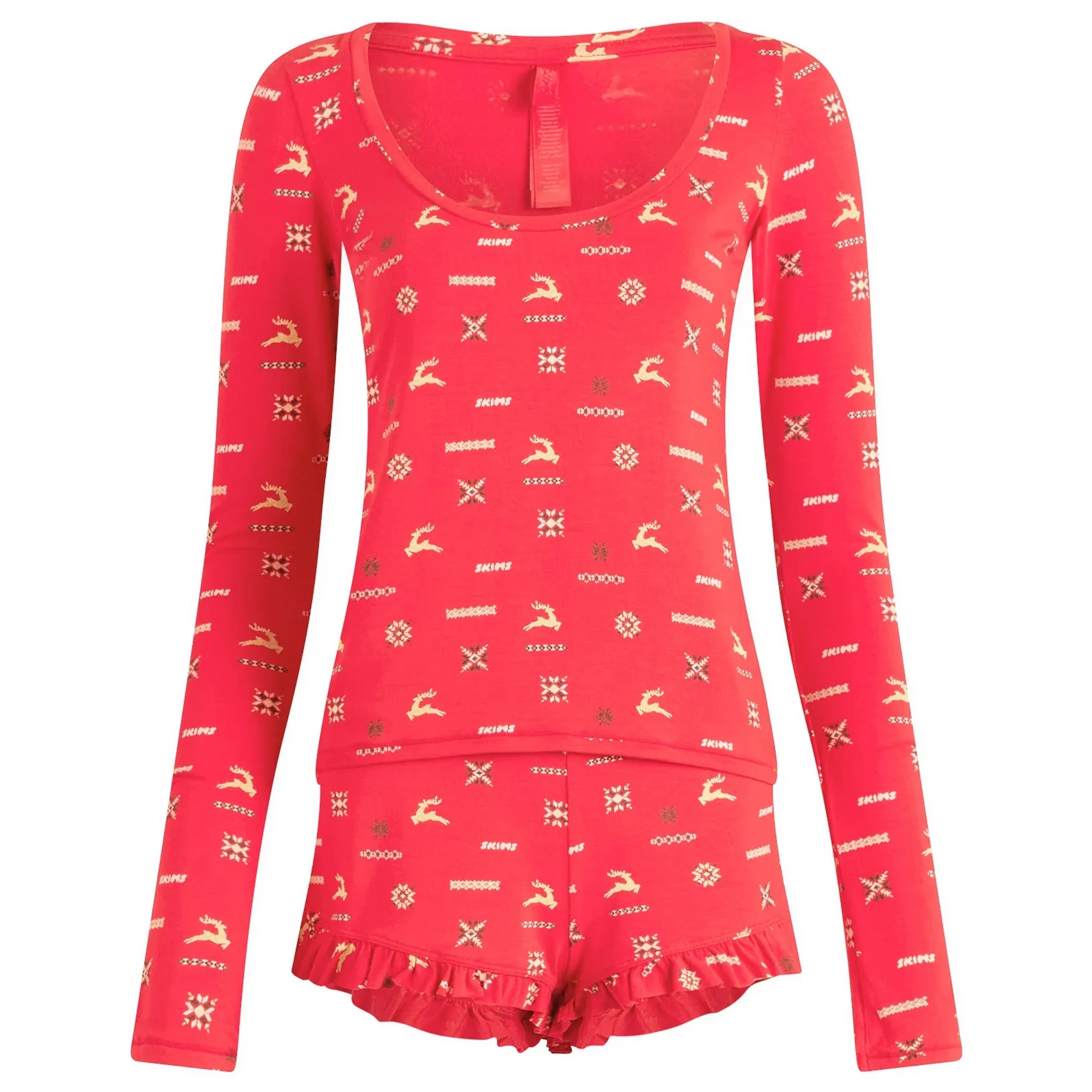 SKIMS Women's Sleep Scoop Neck Top & Short Sleep Set Cranberry Vintage Deer Print