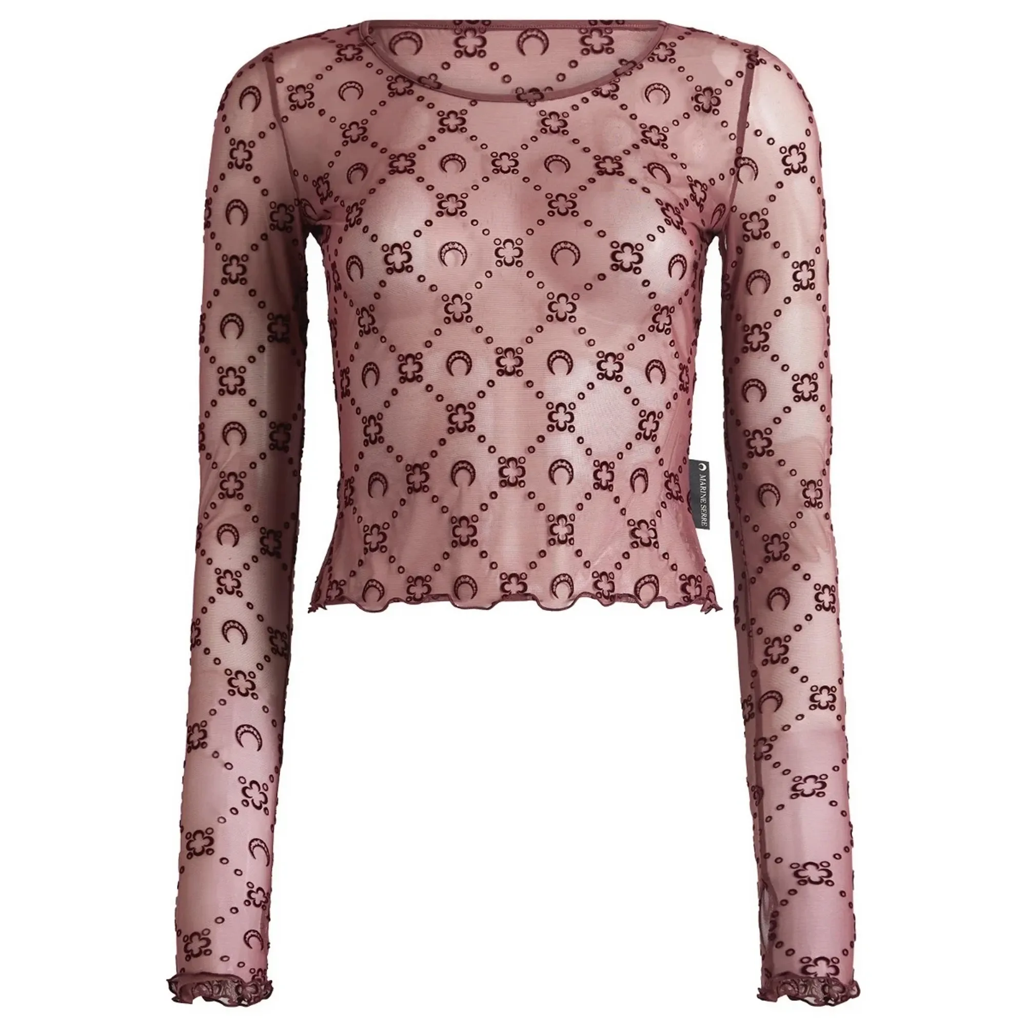 Marine Serre Women's Moonogram Mesh Flock Long Sleeve Crop Top Aubergine