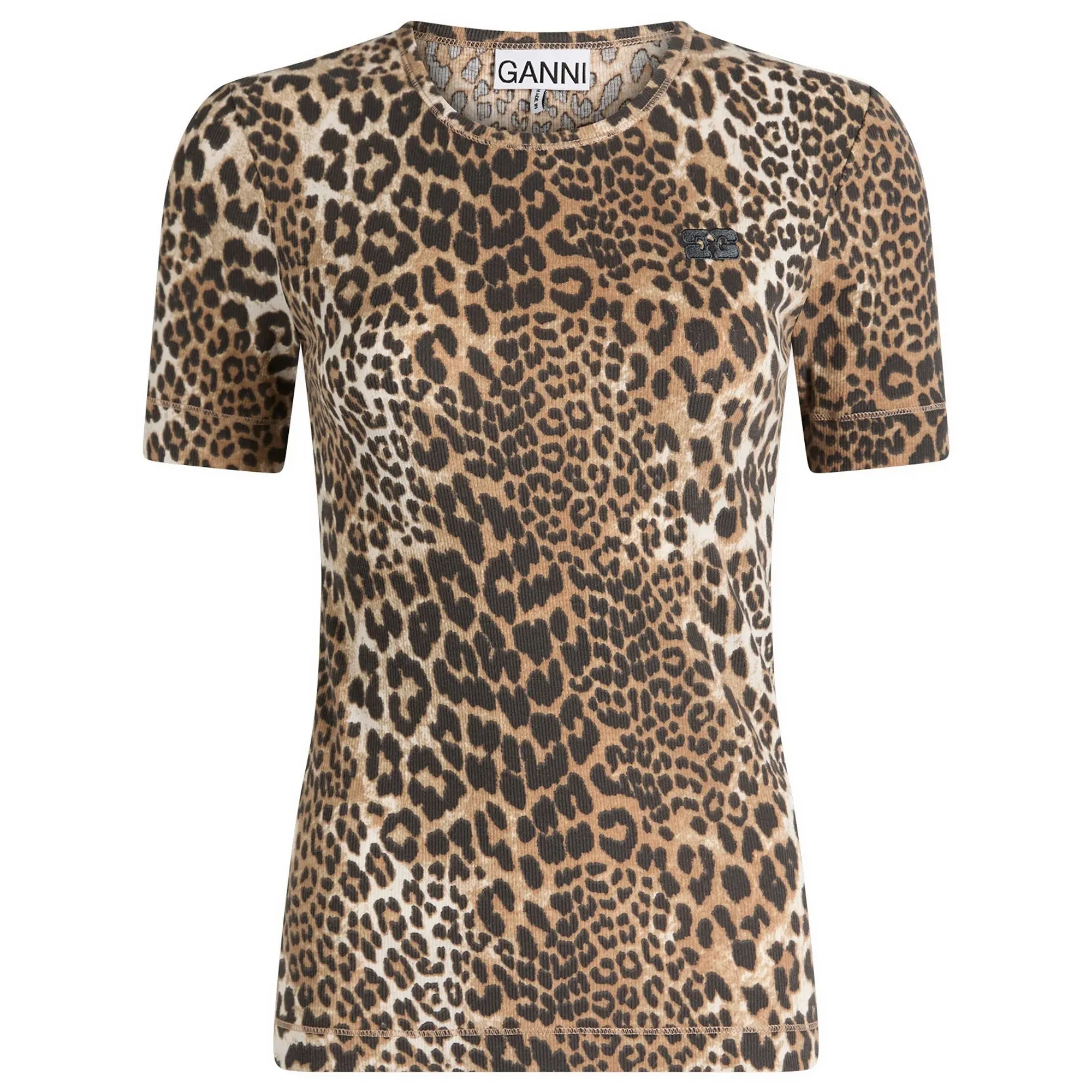 GANNI Women's Soft Cotton Rib Short Sleeve T-Shirt Leopard