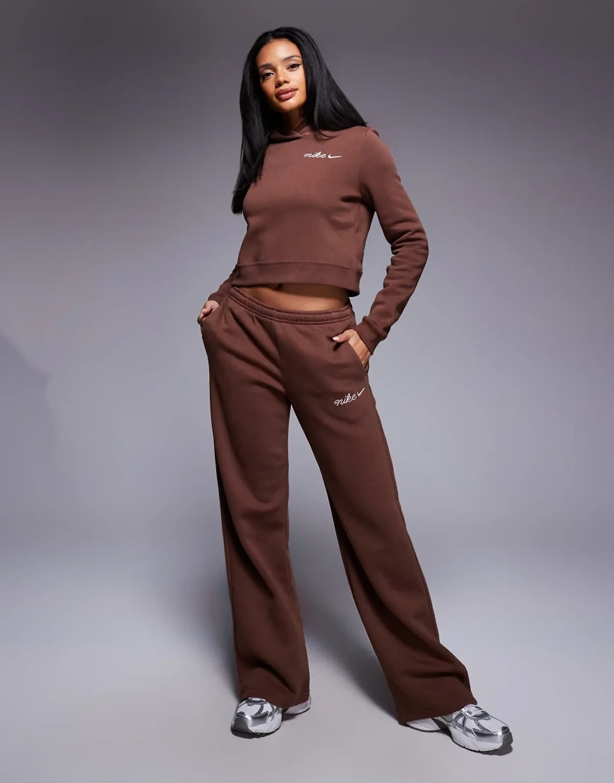 Women's Nike Phoenix Fleece Straight Leg Pants in Brown 
