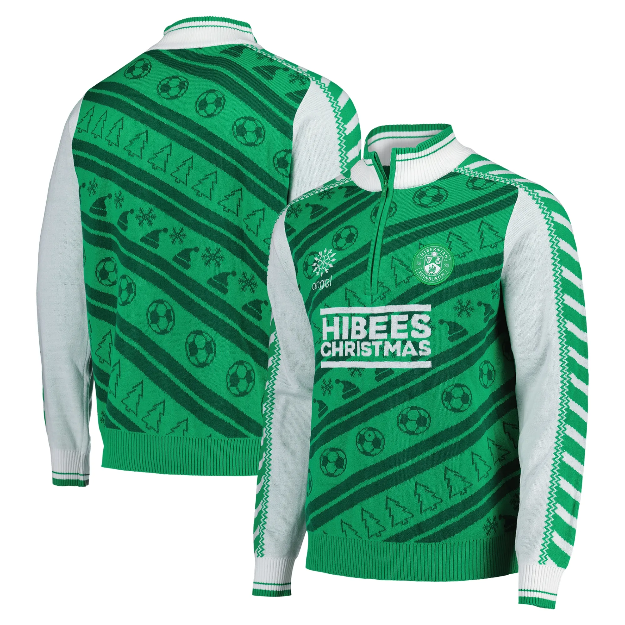 Hibernian Retro 1/4 Zip Christmas Jumper - Green - Adults