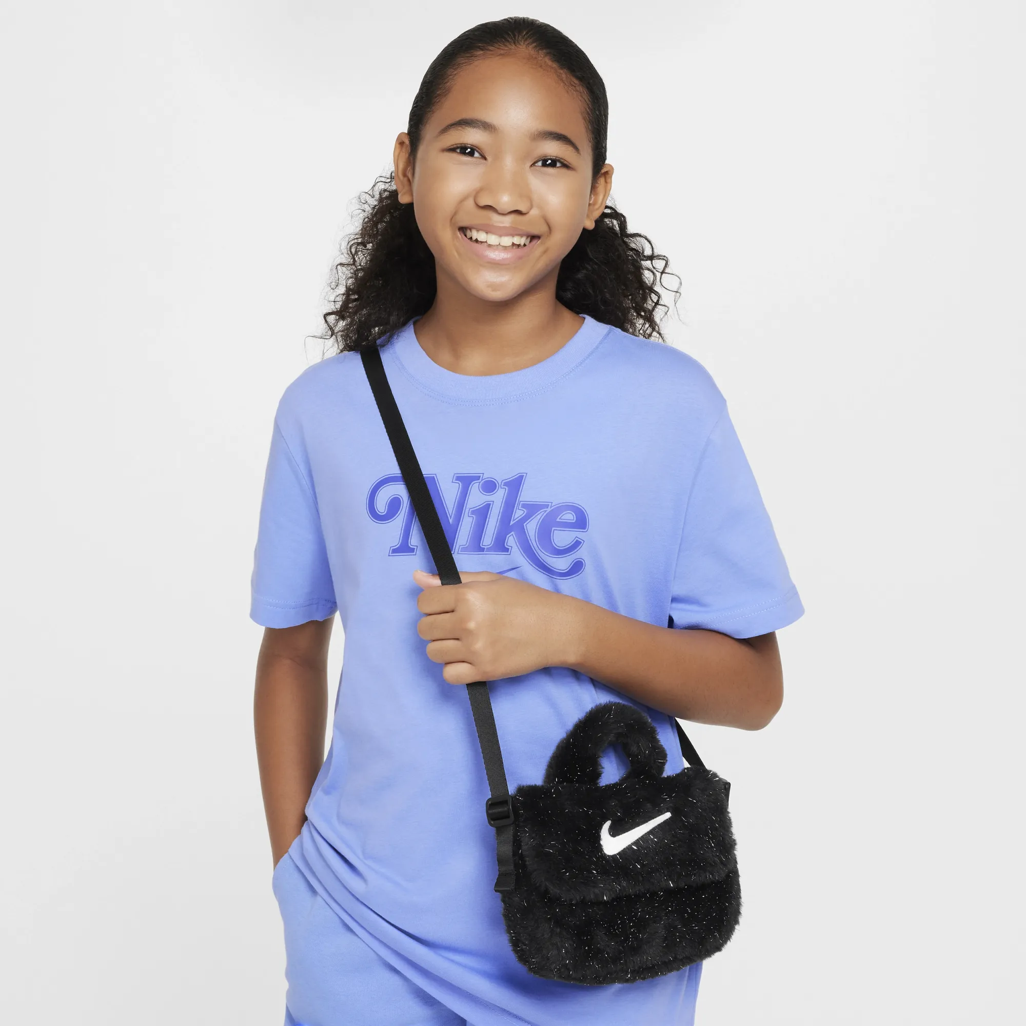 Nike Older Kids' Faux Fur Cross-Body Bag (1L) - Black - Polyester