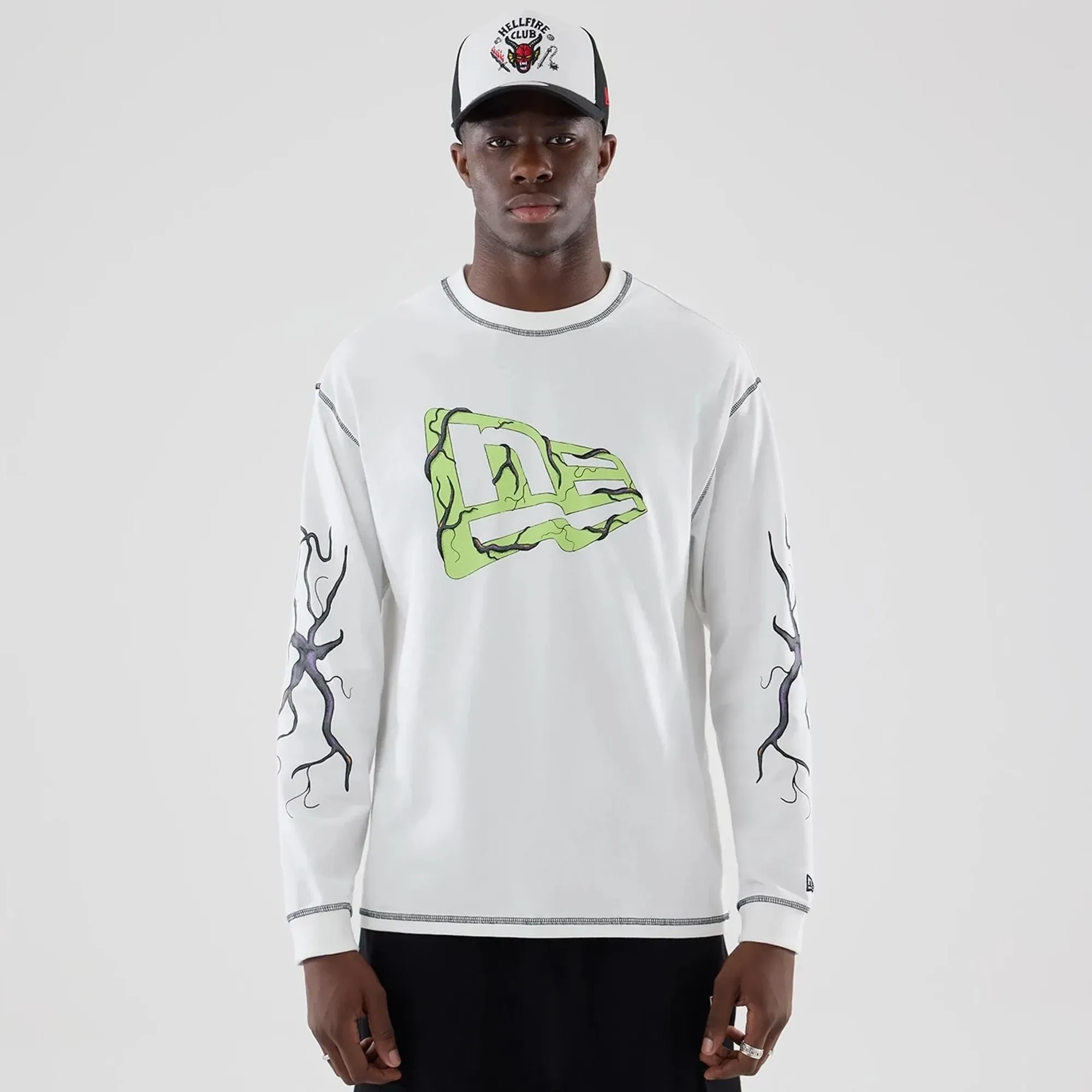 Stranger Things White Oversized Long Sleeve T-Shirt New Era Cap adult unisex