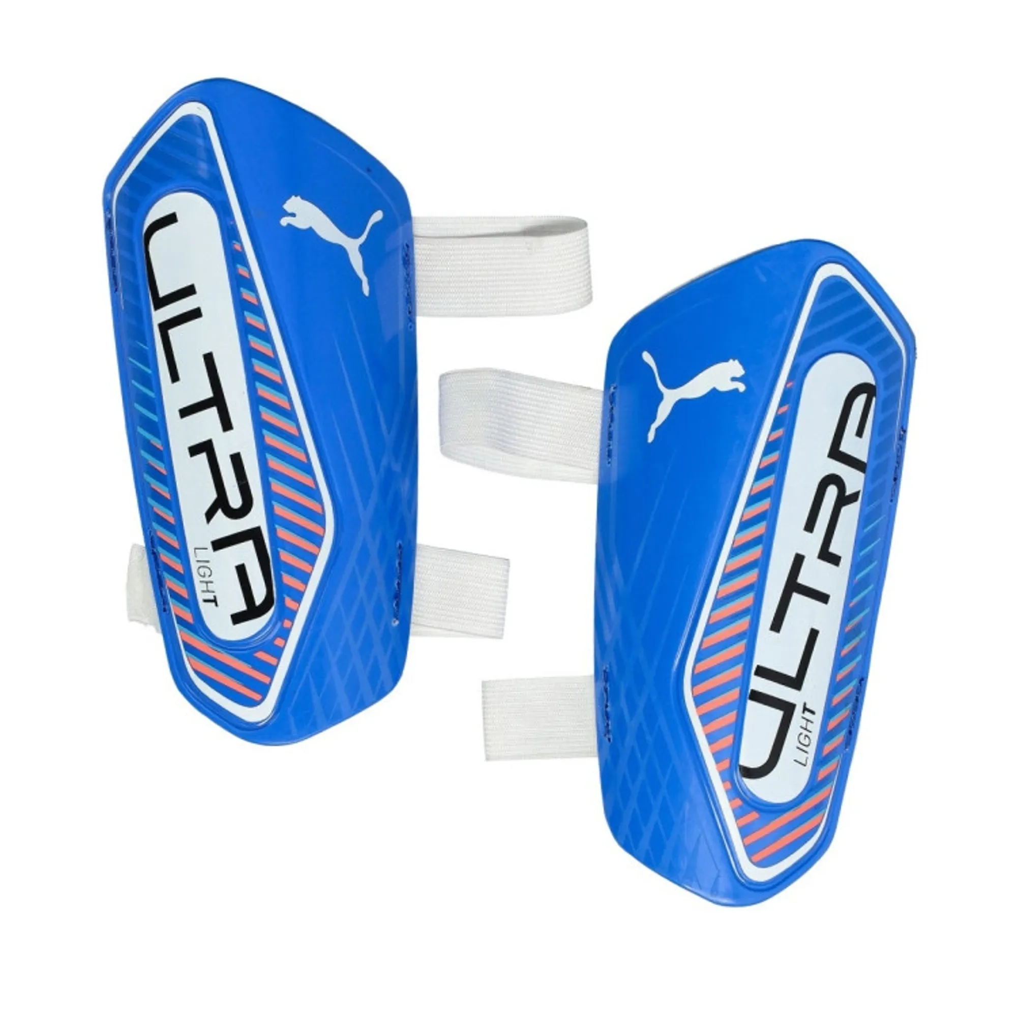 PUMA Ultra Light Football Strap Shinguards, Ultra Blue/White/Glowing Red, size Large