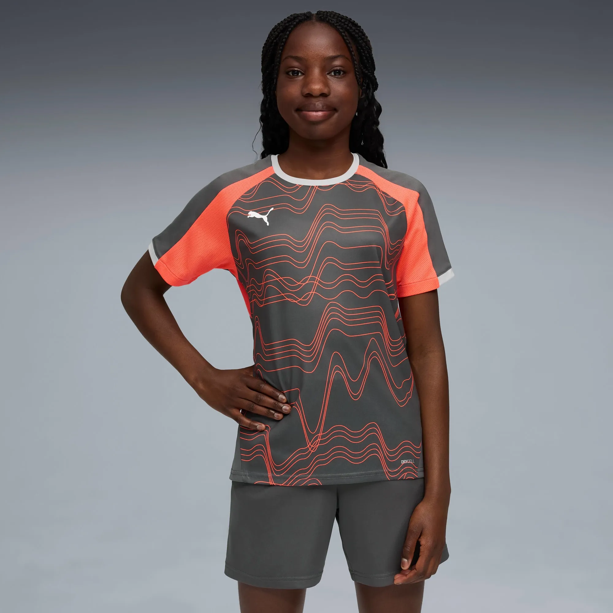 PUMA Individualliga Graphic Football Jersey Youth, Shadow Grey/White/Glowing Red, size 11-12 Youth