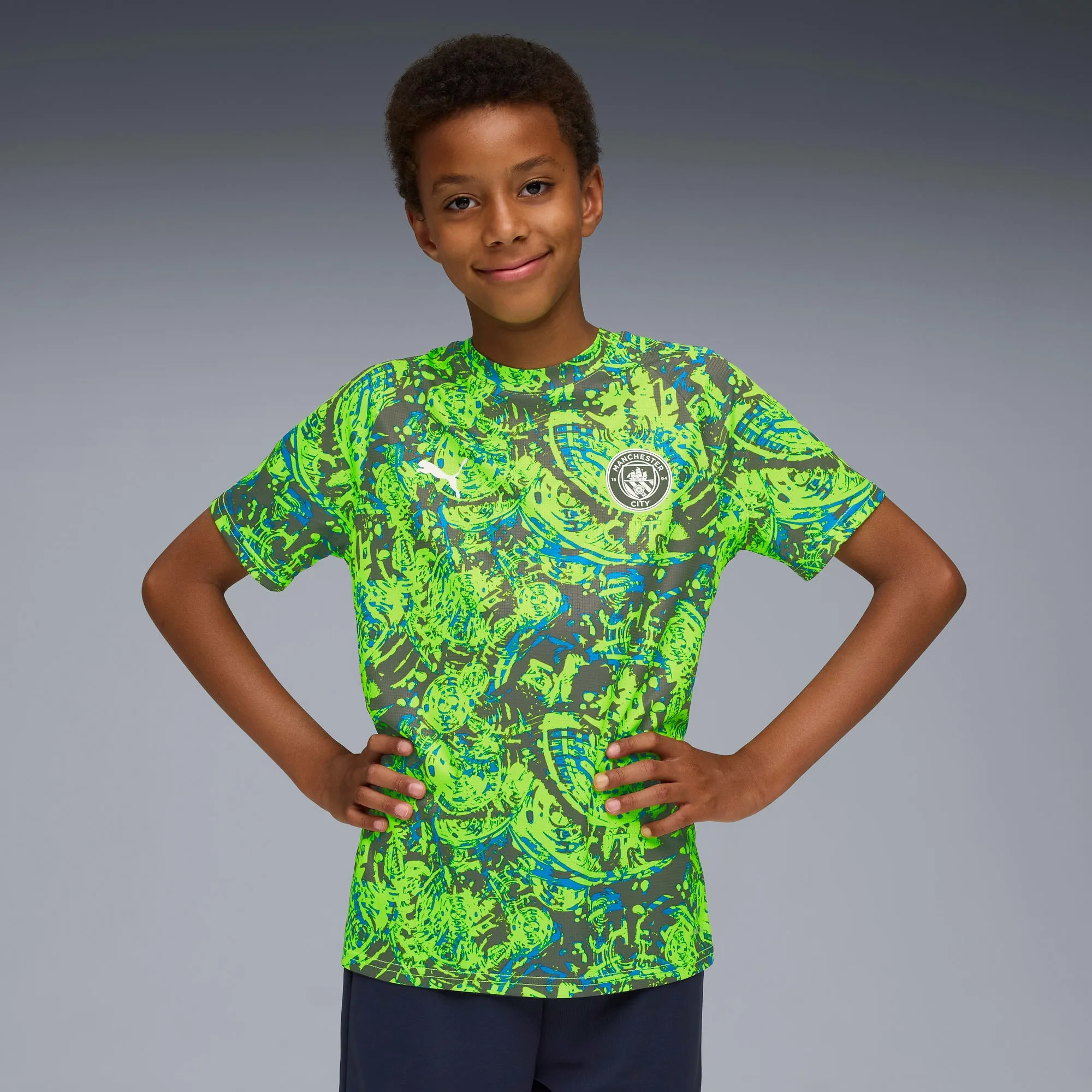 PUMA Manchester City Pre-Match Jersey Youth, Pro Green/Hyperlink Blue, size 11-12 Youth