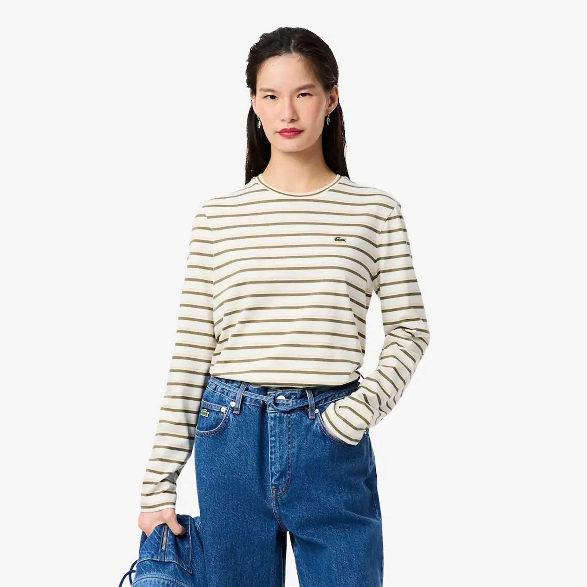 Lacoste Long Sleeved Striped Jersey T-shirt - White / Khaki Green / Yellow