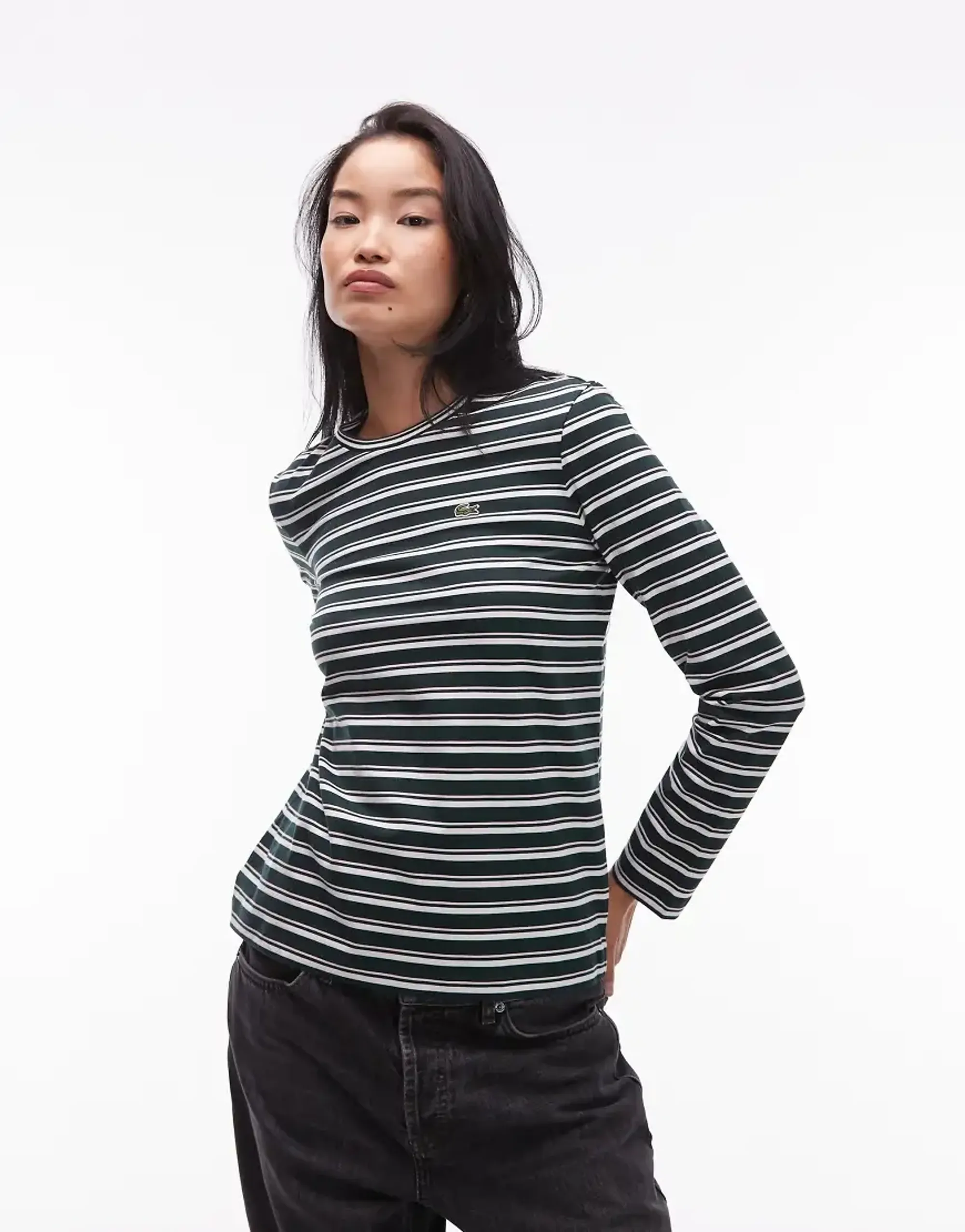 Lacoste Long Sleeved Striped Jersey T-shirt - Green / White / Light Pink