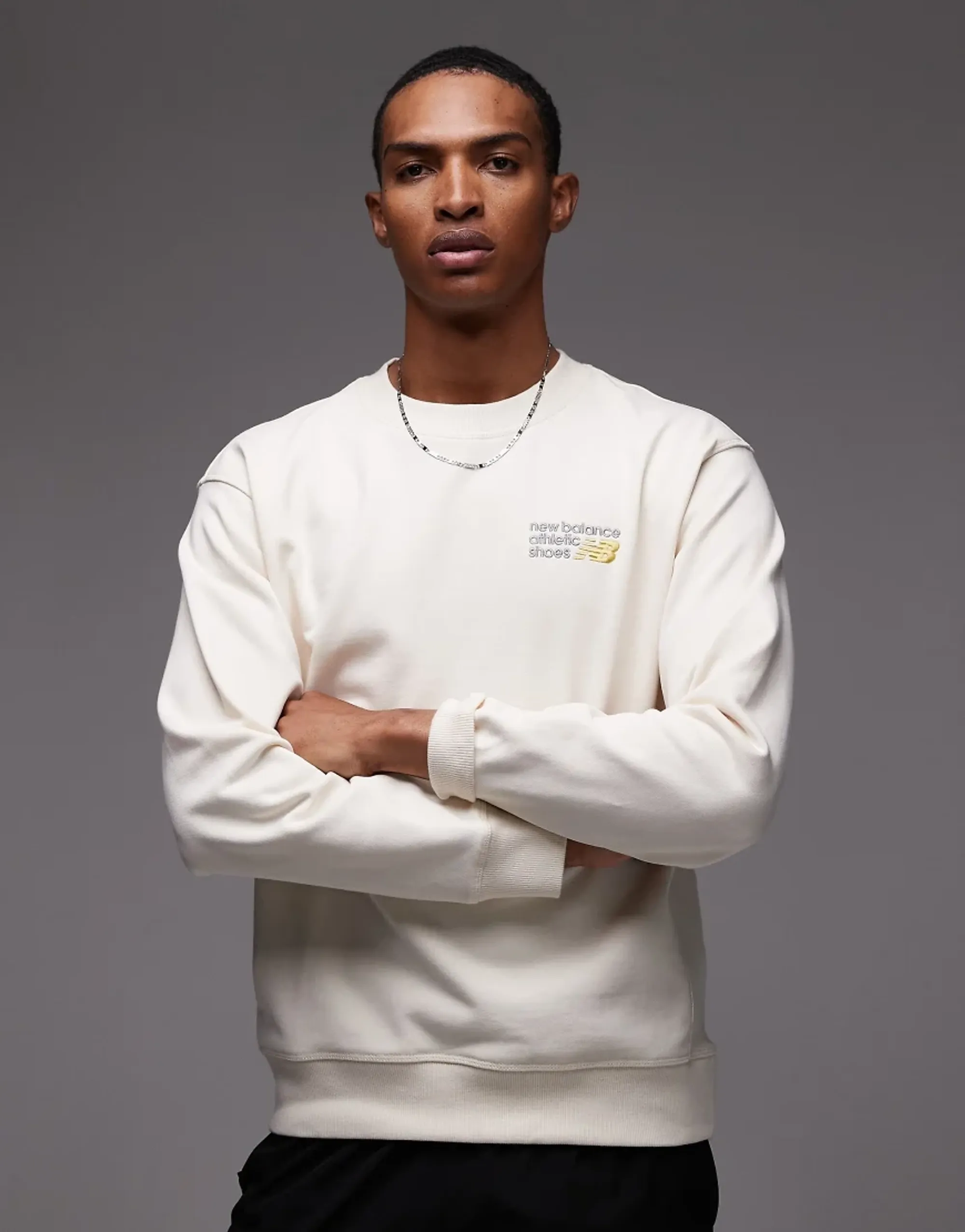 New Balance Men's Athletics Premium Logo Crew in White Cotton Fleece
