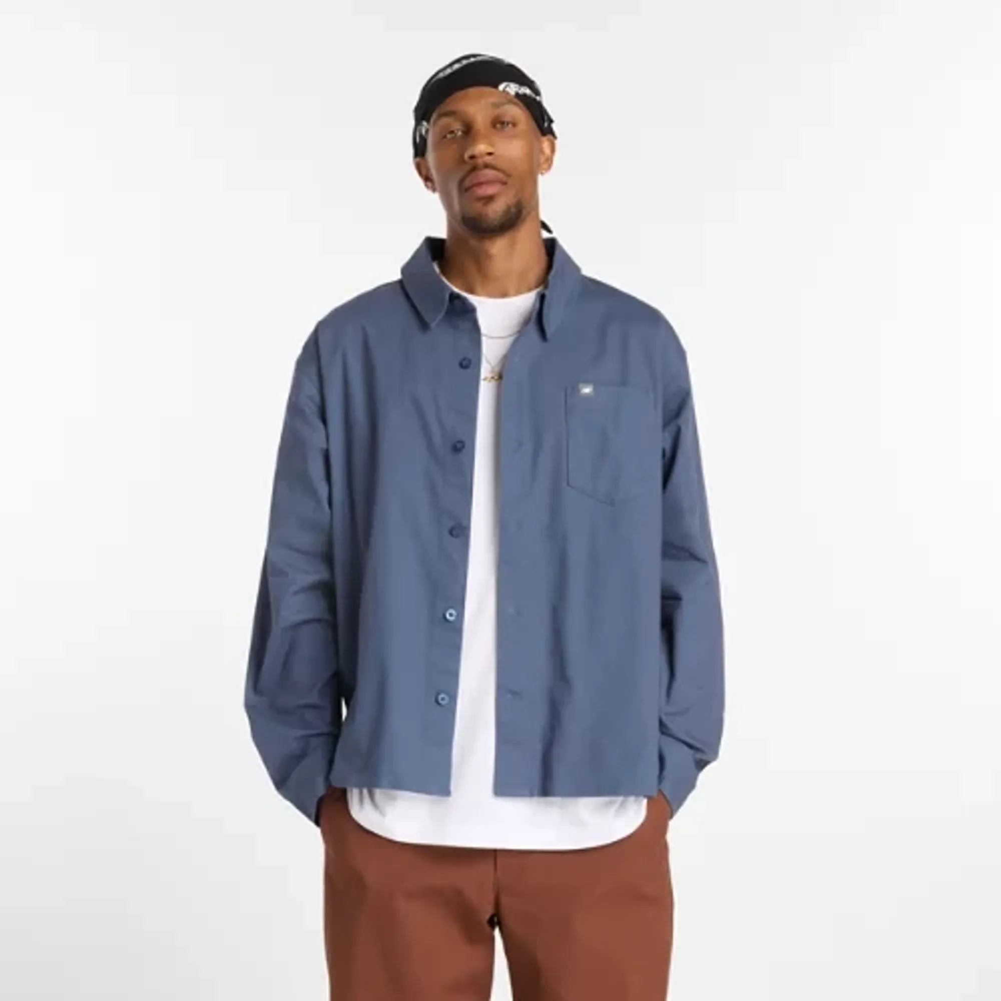 New Balance Men's Numeric Button Up Shirt in Blue Cotton